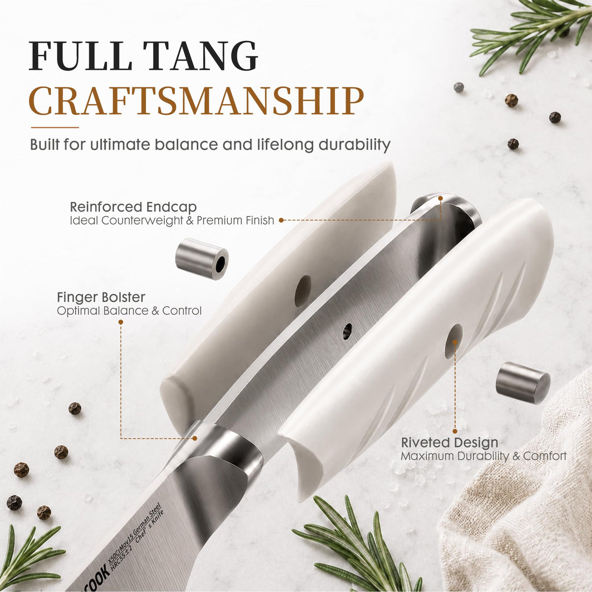 Knife Set, Astercook Kitchen Knife Set with Block, 15 Pcs Luxurious High Carbon German Stainless Steel Knives Set with Full Tang Ergonomic Handle, Dishwasher Safe Knife Set with Sharpening Rod, White