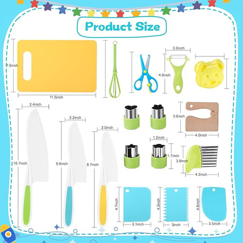 16PCS Montessori Kitchen Tools Cookware Baking Toy, Toddler Baking Set for Real Cooking includes 3 Serrated Edges Plastic Toddler Knives, Cutting Board, Y Peeler, Egg Beater, Toddler Food Picks