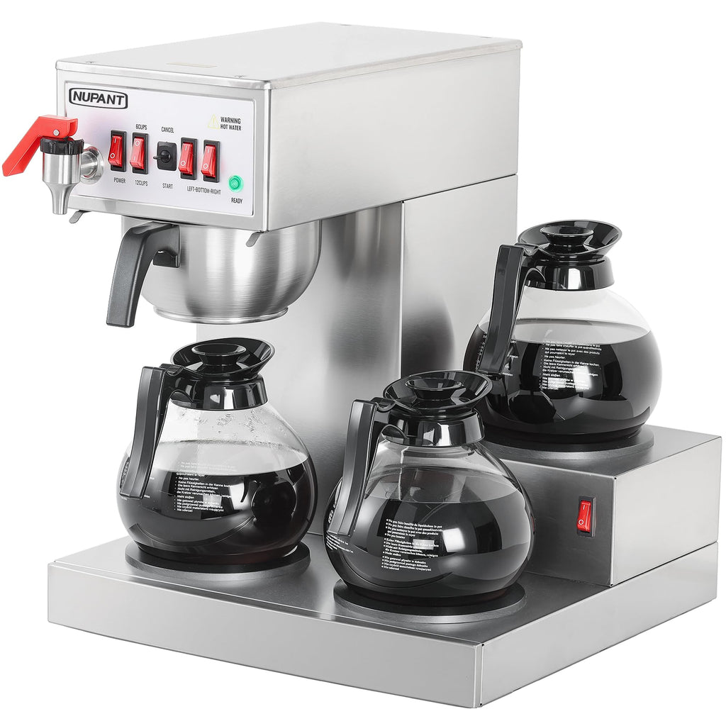 NUPANT 12 Cup Commercial Coffee Maker Auto Filling Drip Coffee Machine with 3 Carafes 3 Warmers, Filters, Stainless Steel Pour Over Coffee Brewer with Hot Water Dispenser for Restaurant Office Cafe