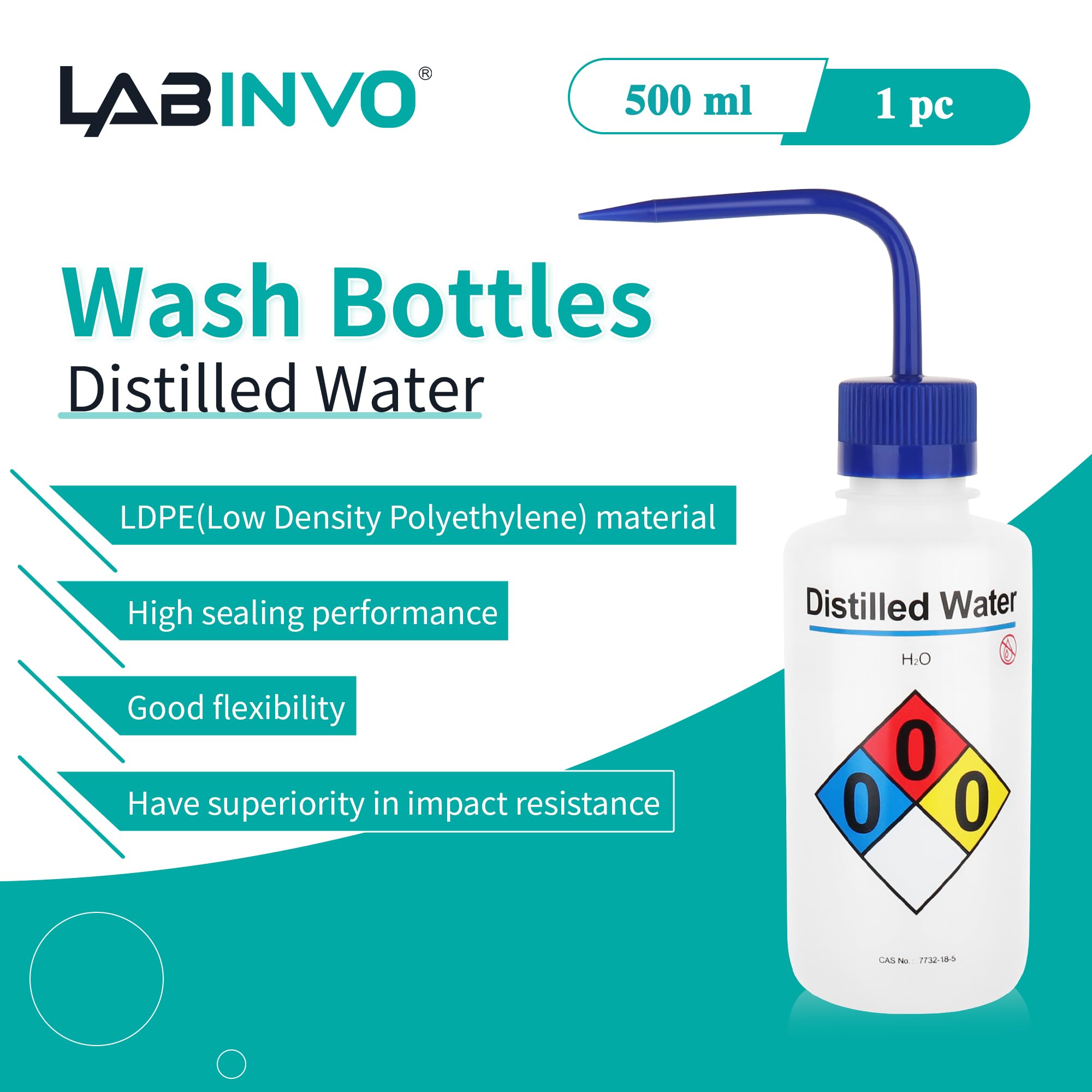 LABINVO Distilled Water Wash Bottles, 1 PC of Vol.500ml (17oz), Narrow Mouth, Self-Venting Safety Wash Bottles, LDPE Material,IN-WBD501