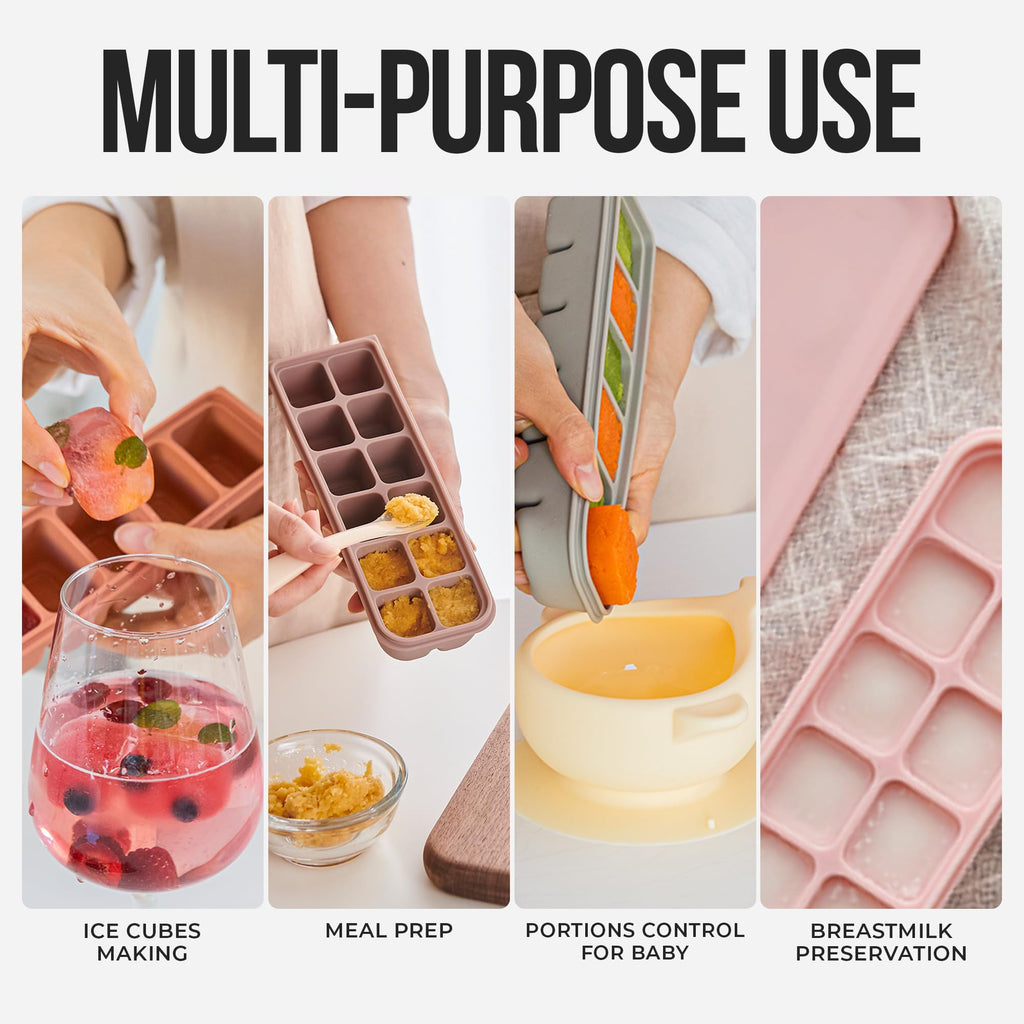 Firgi 1.7 oz/4 Sections Silicone Ice Cube Freezer Tray with Lid, 100% Food-Grade Platinum Silicone,Leak Resistance & Dishwasher Safe for Baby Food Prep,Breast Milk,Purees - Korean Made, Pastel Pink