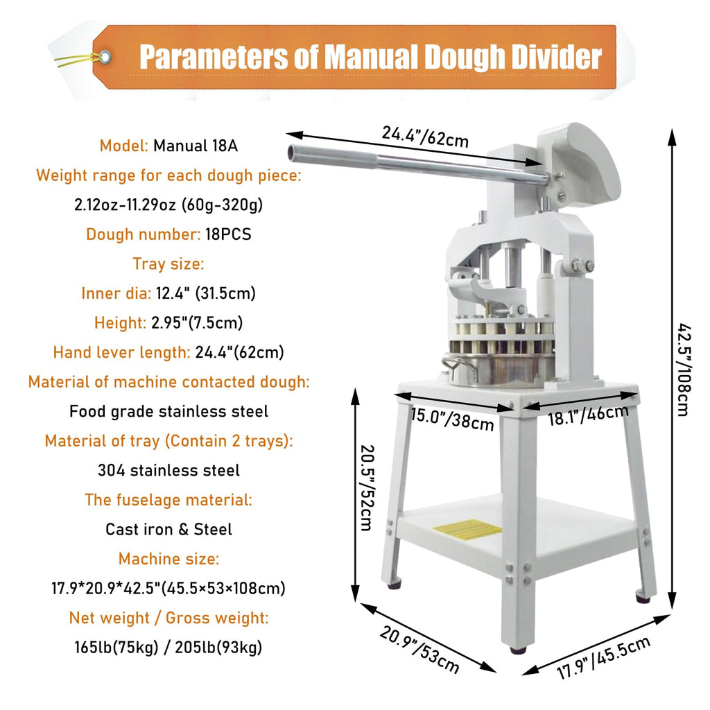Yokoma Commercial 18PCS Dough Divider Vertical Manual 18PCS Dough Divider Manual Doughs Dividing Cutting Machine with 2 Stainless Steel Basins for Commercial Baking, 2.2-11.29oz(60-320g) Weight Range