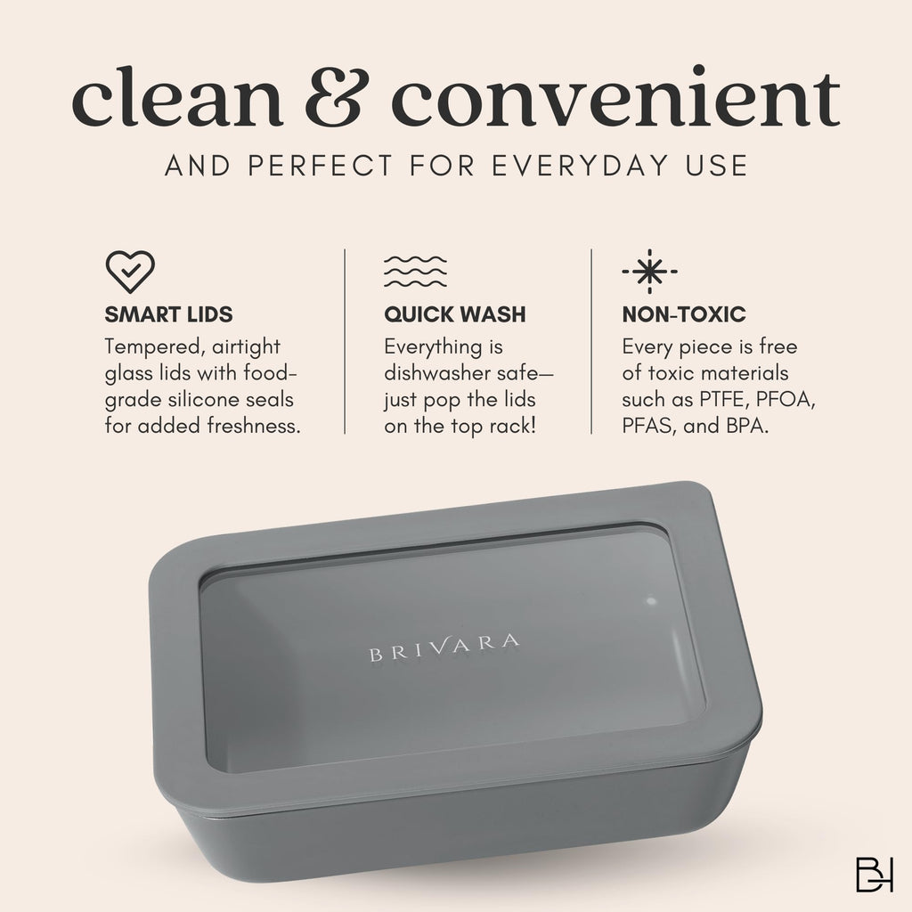 BRIVARA HOME Glass Food Storage Container with Lid, 3-Cup Small Rectangle | Microwave-Safe Airtight Lid, Oven-Safe Ceramic-Coated Glass | Zero Plastic, No PFAS/PFOA/BPA, Reusable [Smoke]