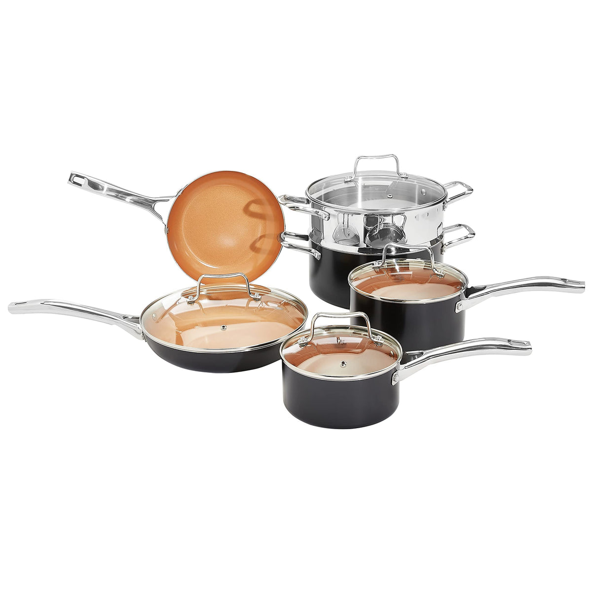 Amazon Basics Ceramic Nonstick Cookware Set, Induction Ready, Dishwasher & Oven Safe, Even Heating, 10-Piece Set with Frying Pans, Saucepans, Glass Lids, Copper Color