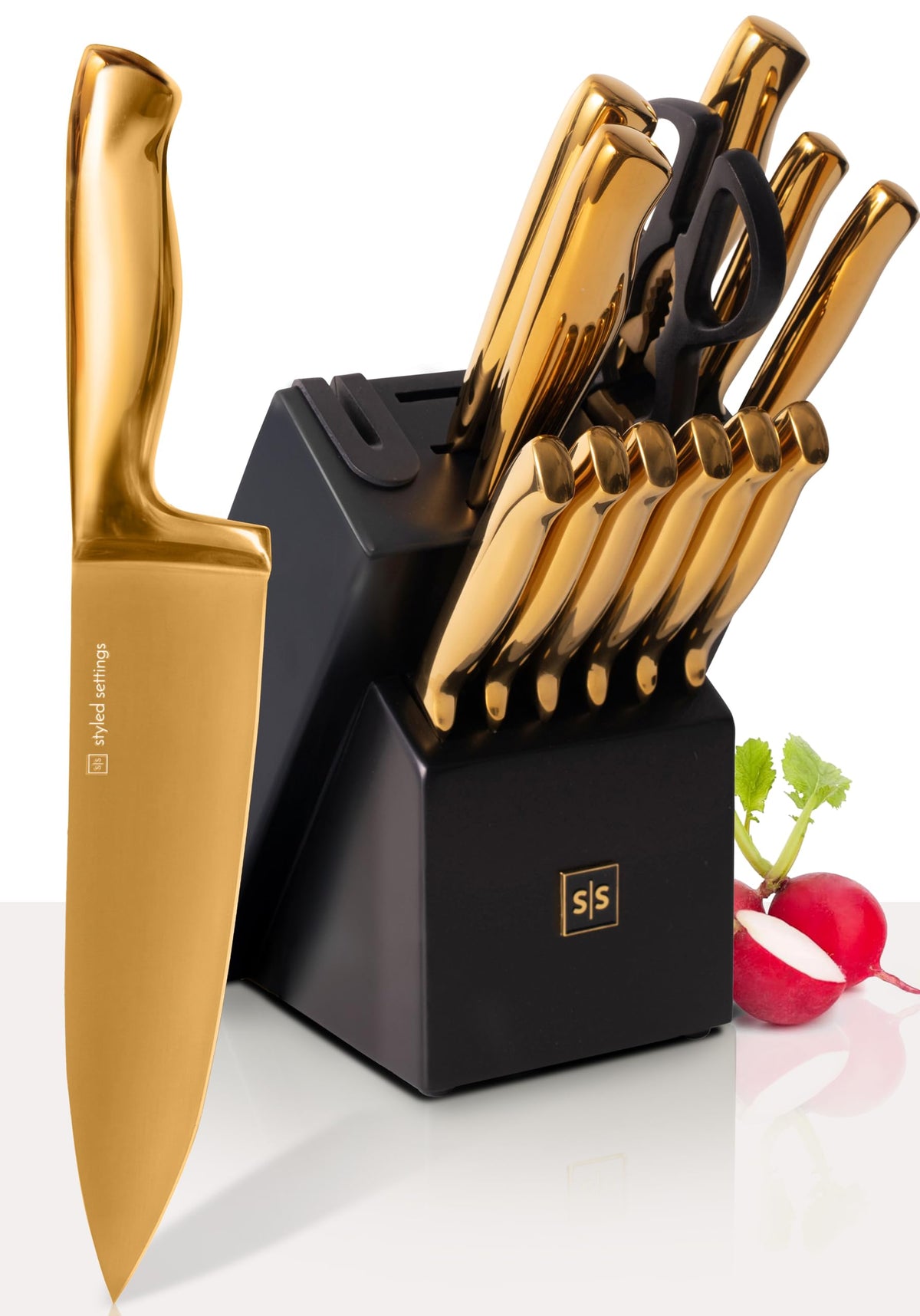 Styled Settings Copper Knife Set with Block & Built-In Sharpener, 14-Piece