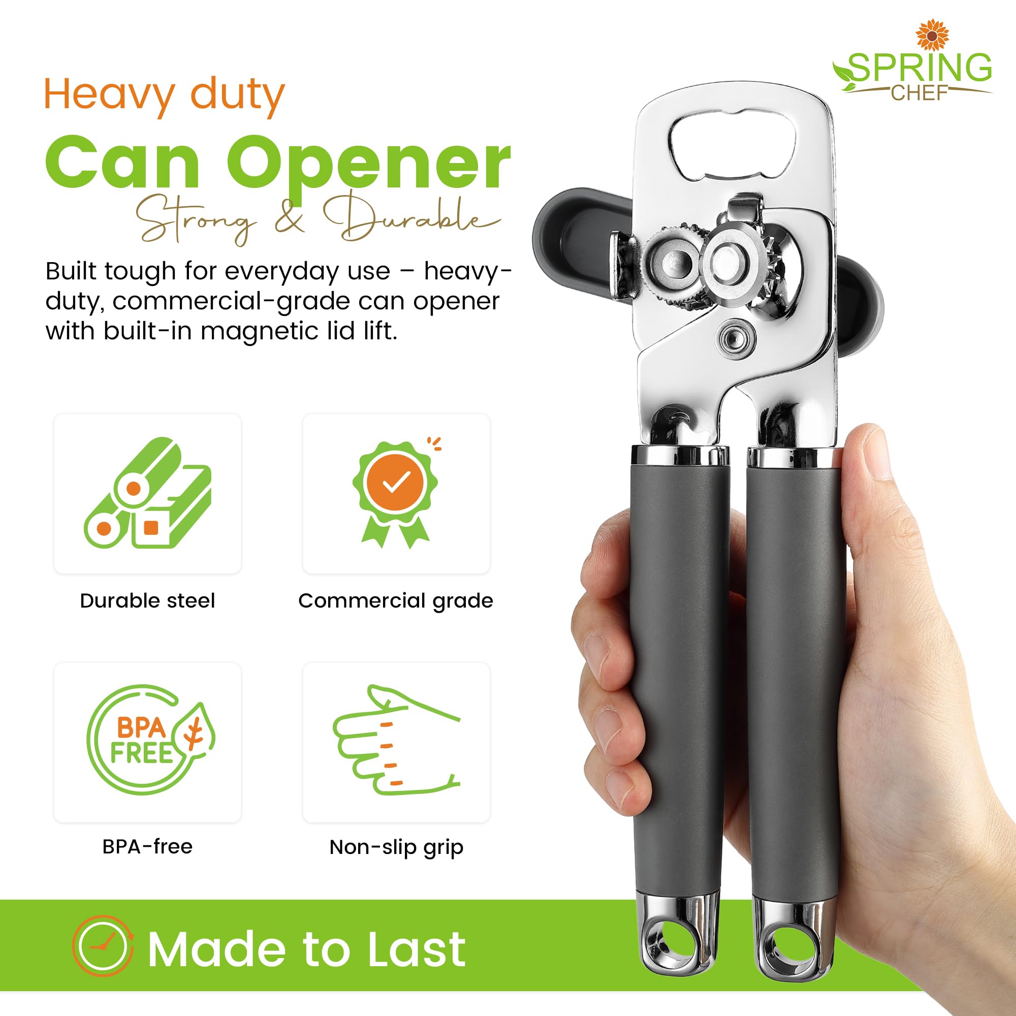 Spring Chef Stainless Steel Manual Can Opener with Magnetic Lid Remover, Easy Turn & Heavy Duty Can Openers for Seniors with Smooth Edge - Graphite