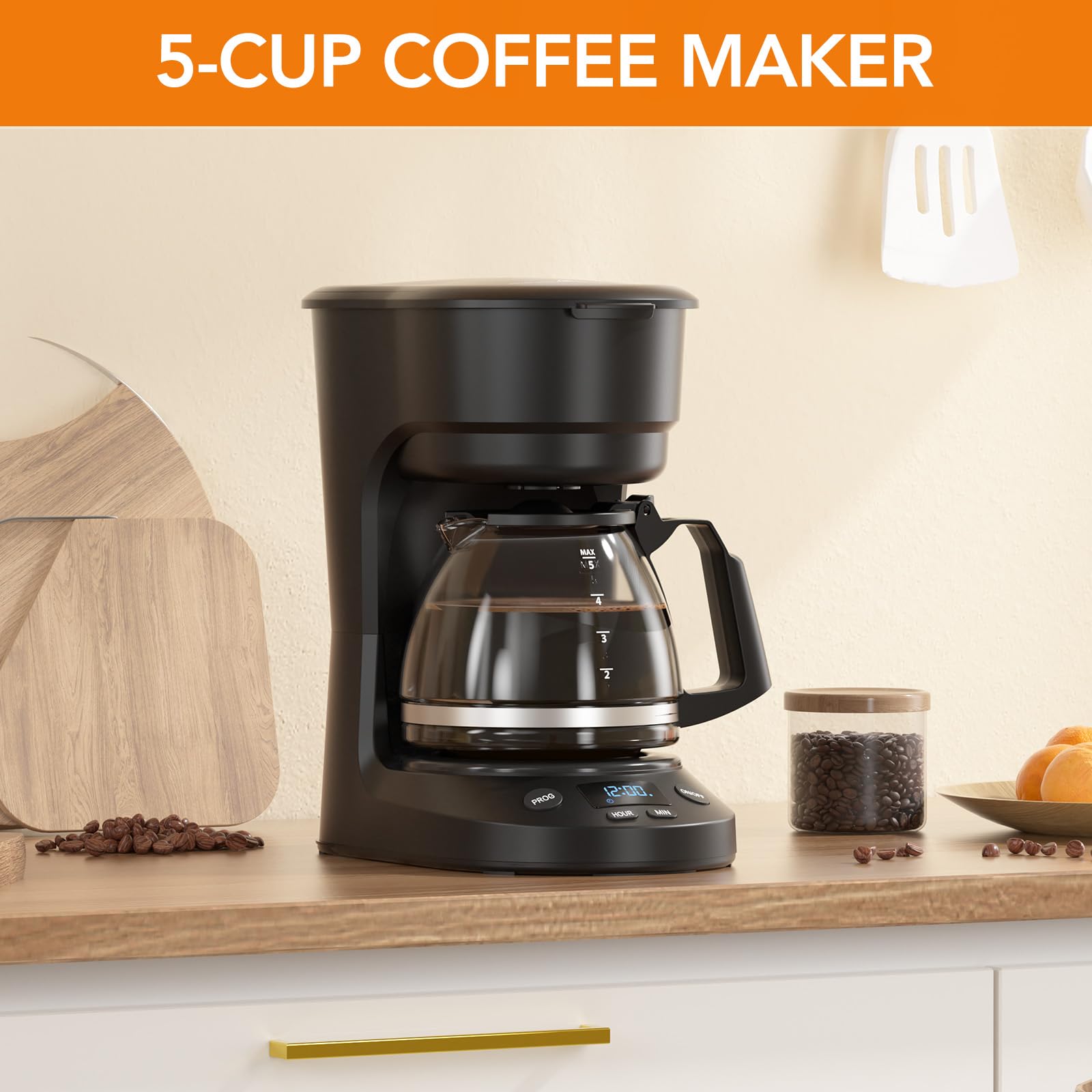 Electactic 5-Cup Programmable Drip Coffee Maker, a compact coffee machine with a digital clock and 24-hour programmable timer, featuring Auto Shut-Off, and a Removable Filter Basket for Home & Office.