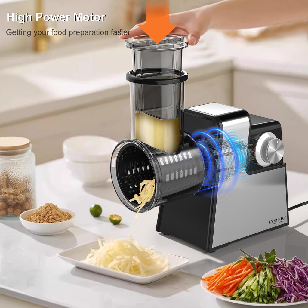 FYONIO Electric Cheese Grater, 5 in 1 Salad Maker with Stainless Steel Blades, 250W Electric Food Slicer & Shredder, Electric Salad Machine for Cheeses, Fruits, Potatoes, Carrots
