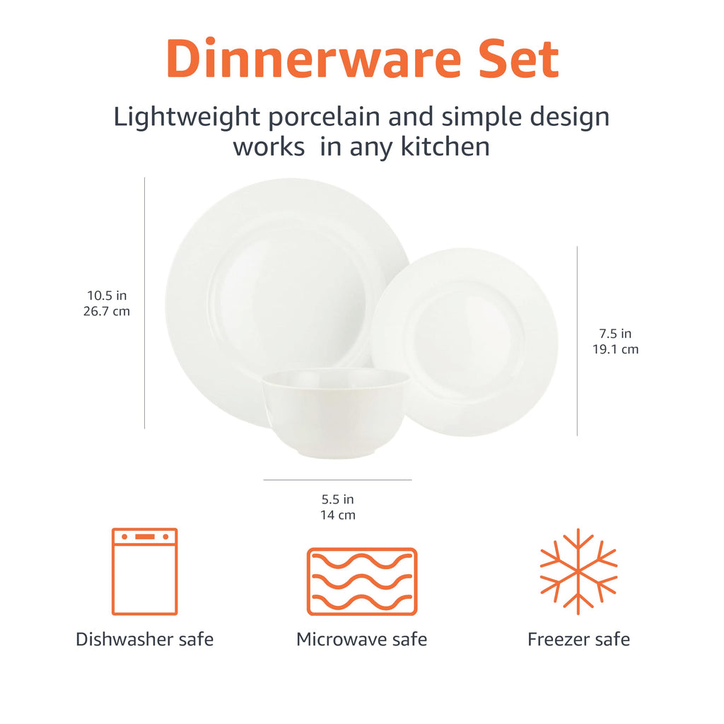 Amazon Basics Porcelain Dinnerware Set, Microwave and Dishwasher Safe, Service for 6, 18-Piece, Plates, Bowls, White