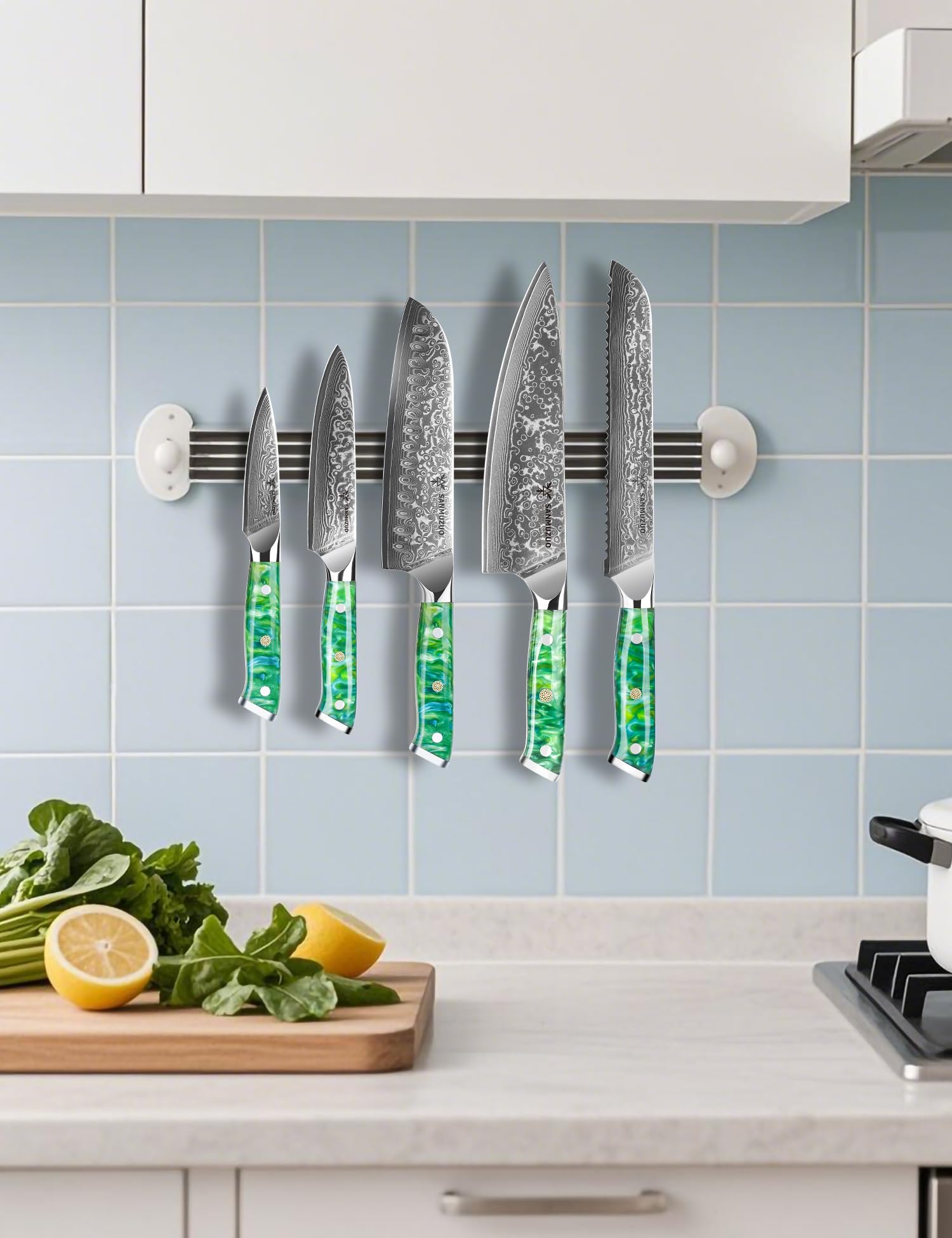 SANMUZUO Chef Cooking Knives Set- Kitchen Knife Set of 5 Piece - Ultra-Sharp VG10 Damascus Steel & Resin Handle - Xuan Series (Jade Green)