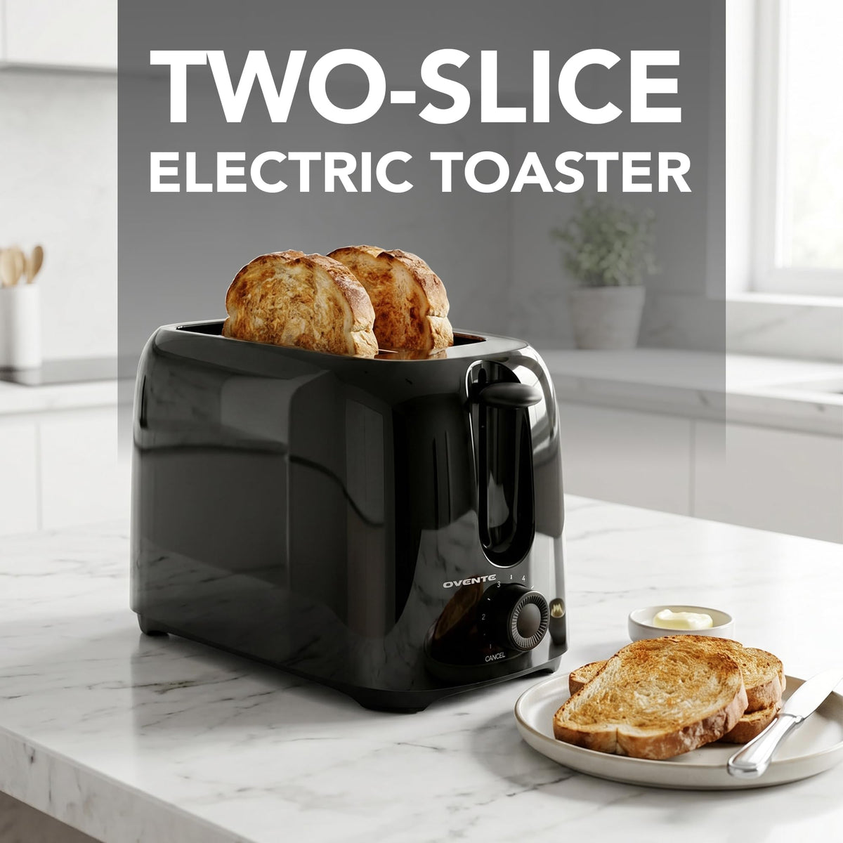 OVENTE Electric 2 Slice Toaster Machine 6-Shade Setting, Black TP2210B