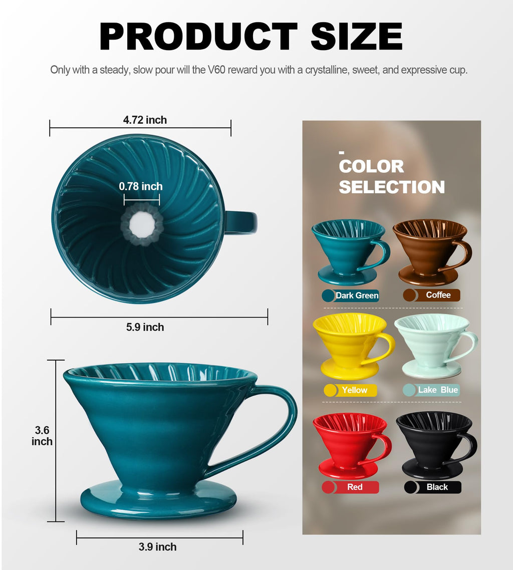 Wmazio Pour Over Coffee Dripper - Ceramic Pour Over Coffee Maker Cone, Porcelain Coffee Drip, Pour Over Single Cup, Manual Brew Maker for Home, Cafe, Office - 1-4Cup, V60 Size 02 (Dark green)