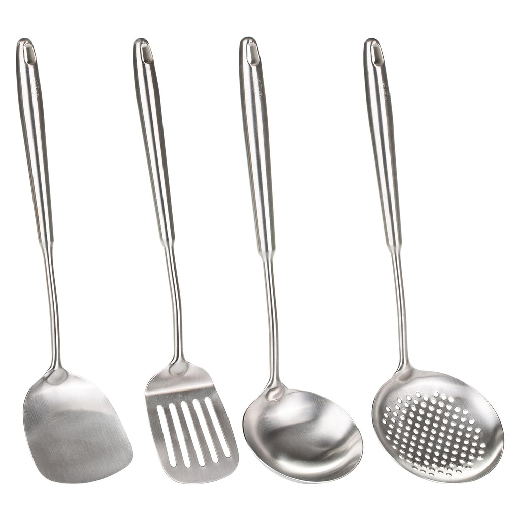 FJNATINH 4-Pieces 304 Stainless Steel Wok Spatula Set,Cooking Utensil Set,Soup Ladle Colander,Nonstick Kitchen Cooking Utensils Set with Spatula,Kitchenware Tools