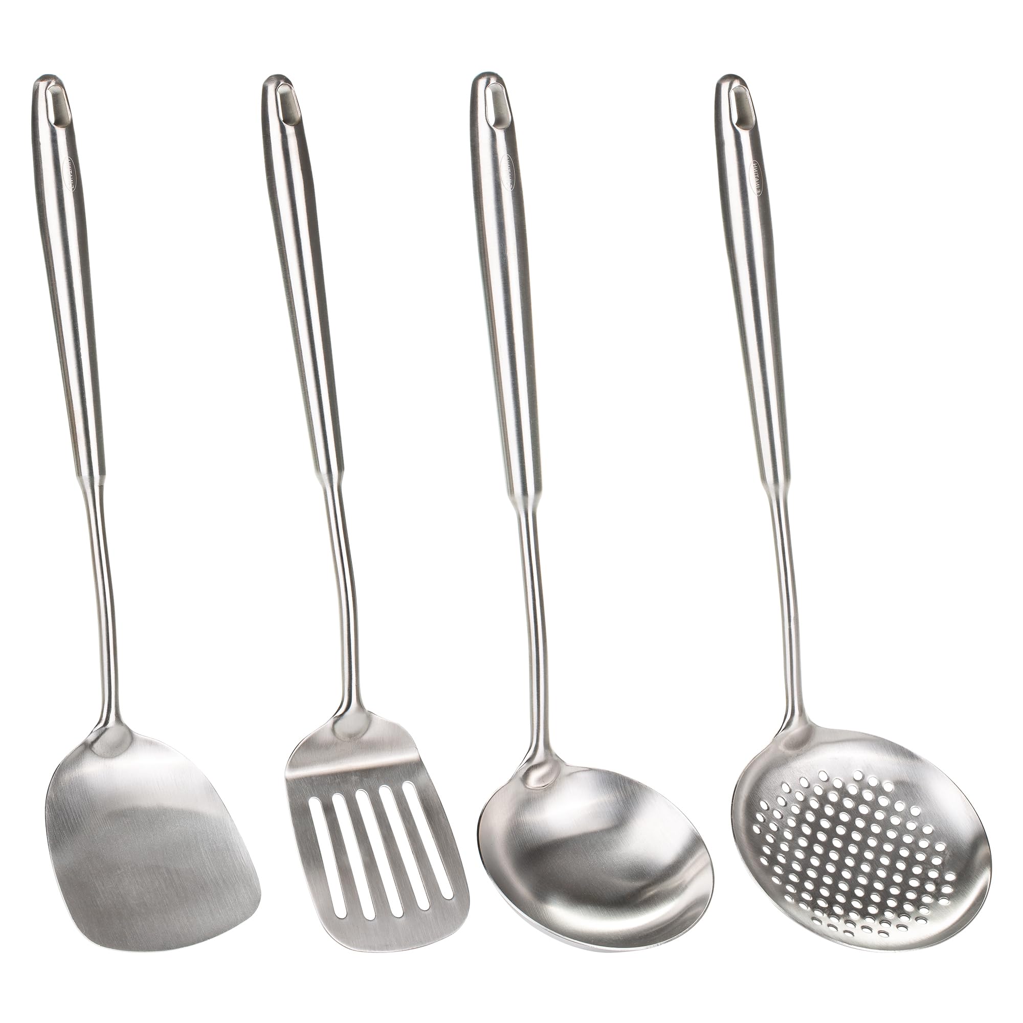 FJNATINH 4-Pieces 304 Stainless Steel Wok Spatula Set,Cooking Utensil Set,Soup Ladle Colander,Nonstick Kitchen Cooking Utensils Set with Spatula,Kitchenware Tools