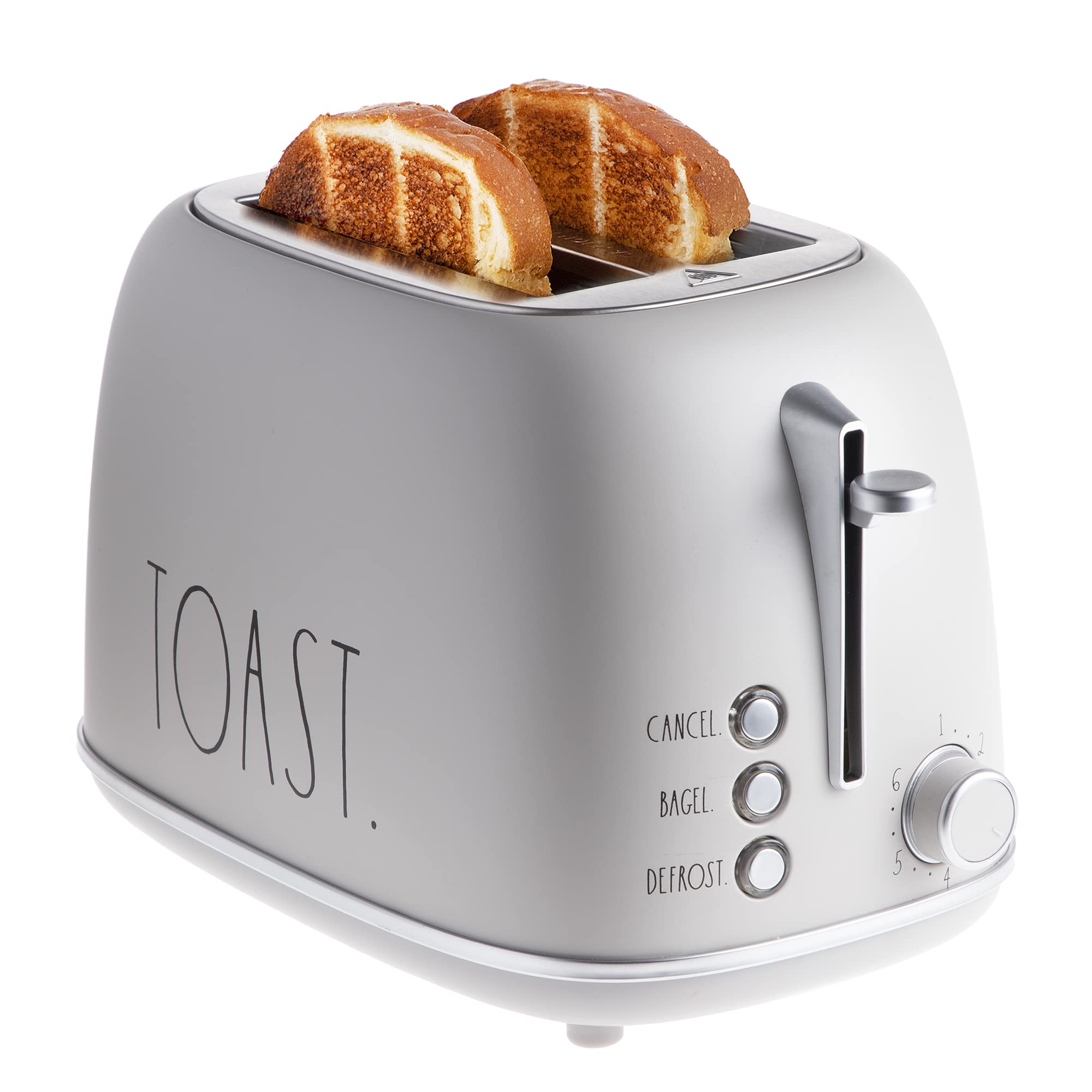 Rae Dunn Retro Rounded Bread Toaster, 2 Slice Stainless Steel Toaster with Removable Crumb Tray, Wide Slot with 6 Browning Levels, Bagel, Defrost and Cancel Options, Sand