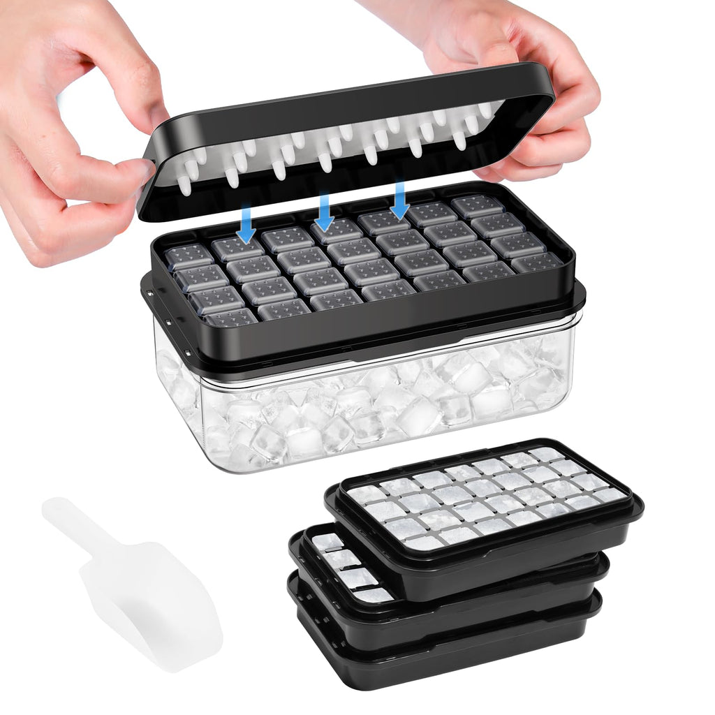 0.8“ Ice Cube Tray with Lid and Bin, PHINOX 84 Cubes Ice Trays for Freezer, Ice Cube Trays for Freezer with 3 trays, Container, Lid & Ice Scoop, BPA Free, Black(28Cubes/Tier)