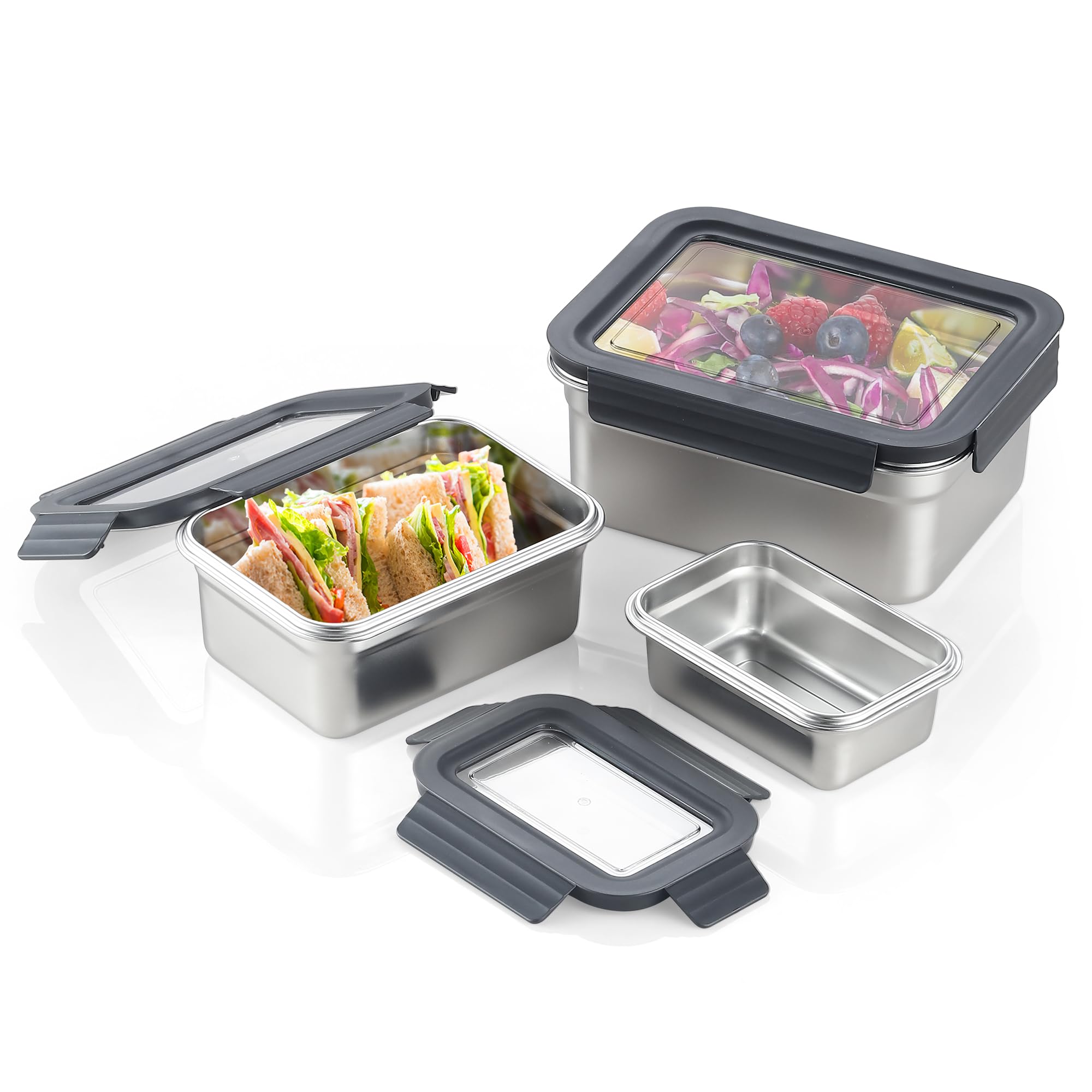 BEFOY Stainless Steel Food Storage Containers with Lids Airtight Bento Lunch Box for Kitchen Leak Proof Meal Prep Stackable Set of 3(450/1100/2500)