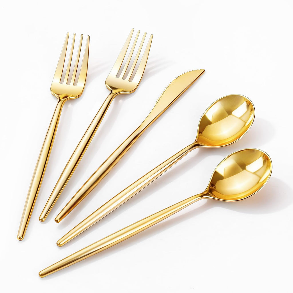 Rubtlamp 96Pcs Gold Plastic Silverware, Gold Plastic Utensils with White Handle, Gold Silverware Set Includes: 32 Knives, 32 Plastic Spoons And 32 Forks