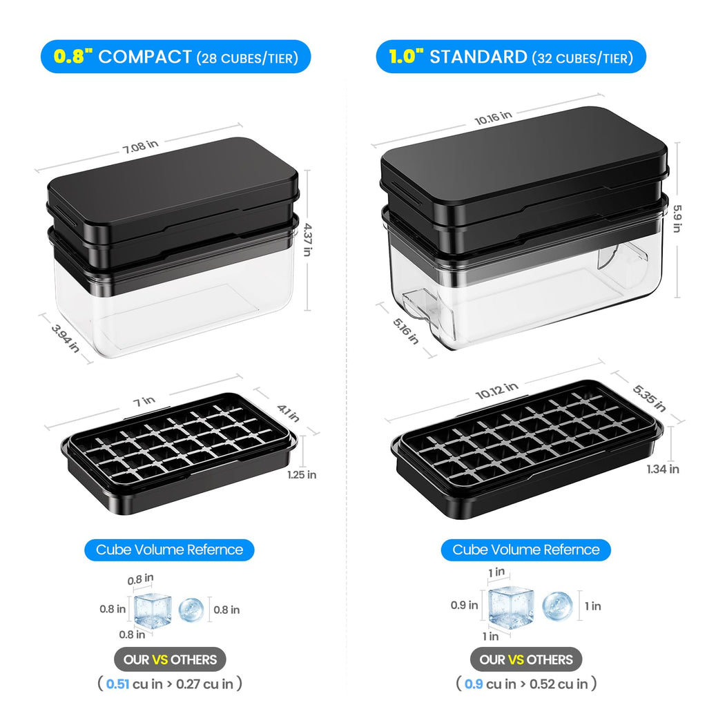 0.8“ Ice Cube Tray with Lid and Bin, PHINOX 56 Cubes Ice Trays for Freezer, Ice Cube Trays for Freezer with 2 trays, Container, Lid & Ice Scoop, BPA Free, Black(28Cubes/Tier)