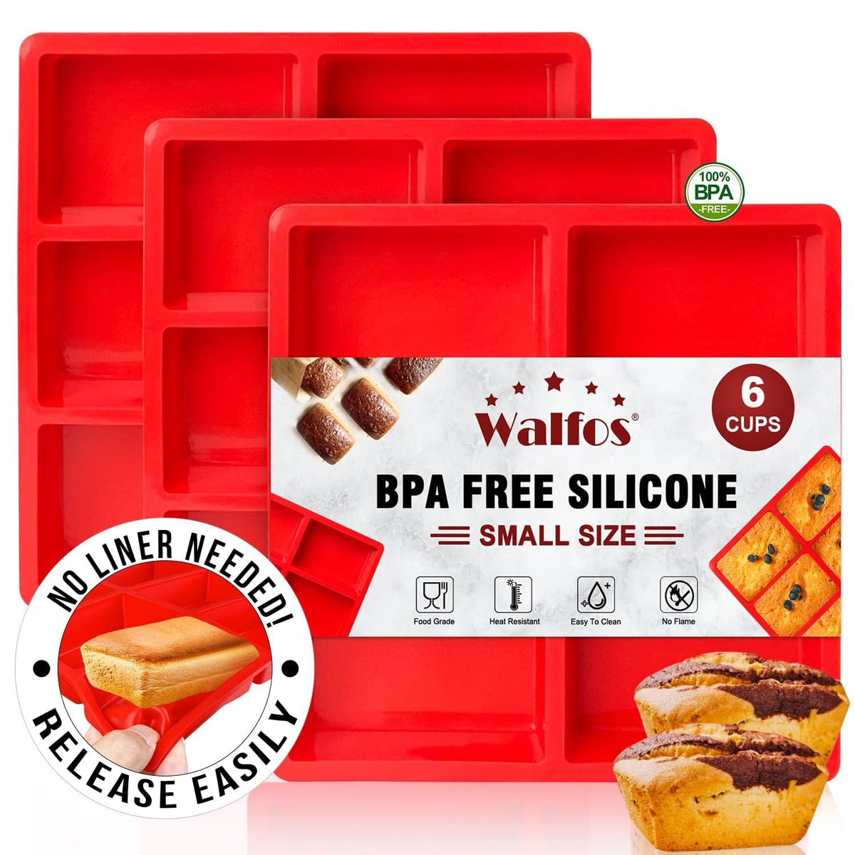 Walfos Silicone Mini Bread Baking Pan 6 Cavities Non-Stick Silicone Mini Loaf Pans 3 pcaks Food Grade Baking Mold For Bread, Cakes, Muffin, Dough, Release Easily and Dishwasher Safe