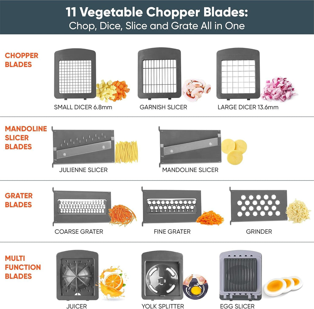 RüK Vegetable Chopper Slicer Onion Dicer, Multi 22-in-1 Veggie Mandoline Food Cutter for Tomato Fruit with Lemon Squeezer, E-Recipe, 11 Blades, Egg Separator & Slicer, Container