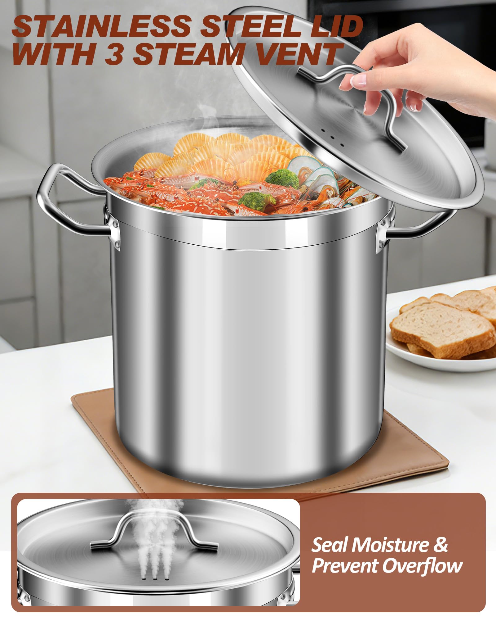 24 Quart Stainless Steel Stock Pot with Lid – Heavy Duty Cooking Pot for Soup, Stew, Pasta – Induction Compatible, Dishwasher Safe – Ideal for Home & Commercial Use