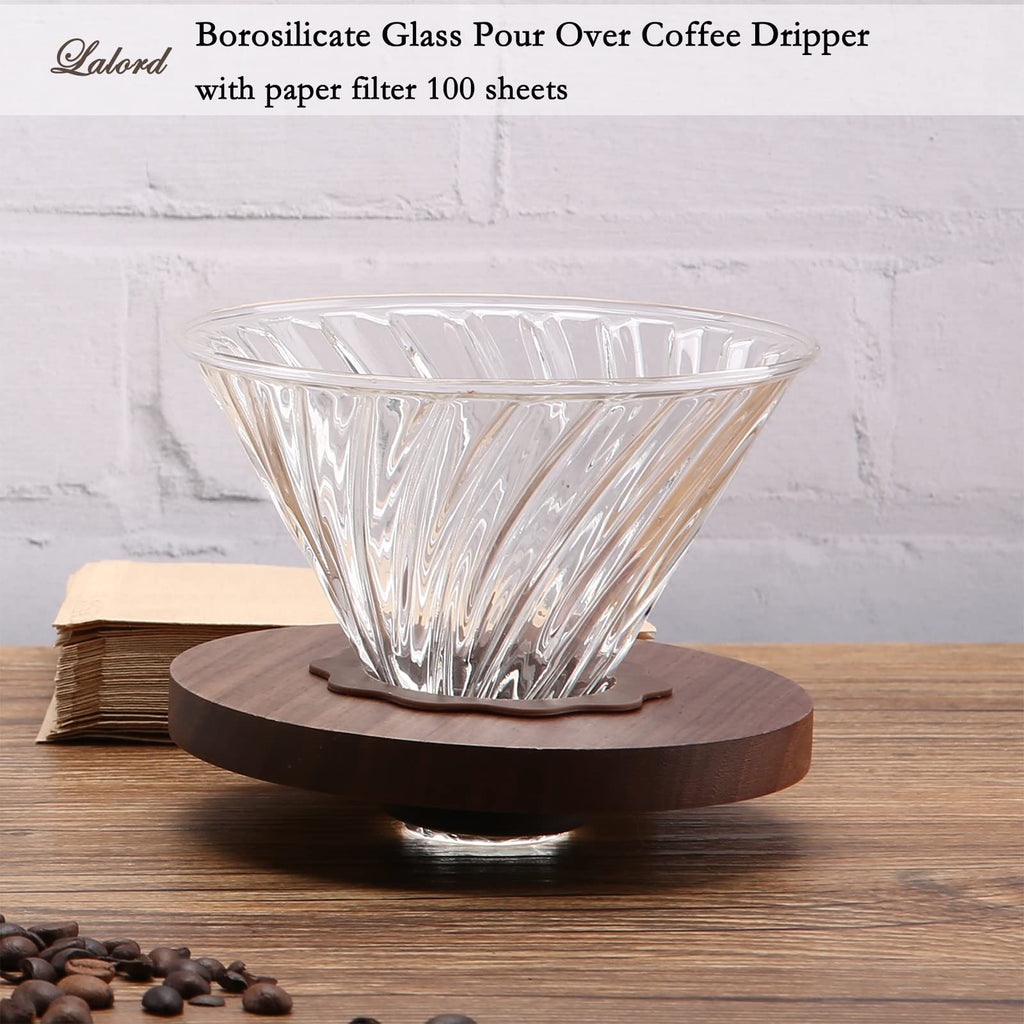 Lalord Pour Over Coffee Dripper with 100 pcs Size 02 Paper Filter, Walnut Handle and Borosilicate Glass, Glass Coffee Dripper, Hold for 1-4 Cups