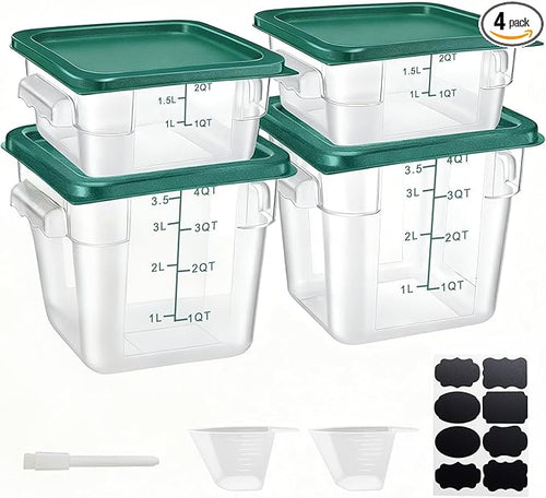 4 Pack 4QT Food Storage Containers with Green Lids - Square, Clear