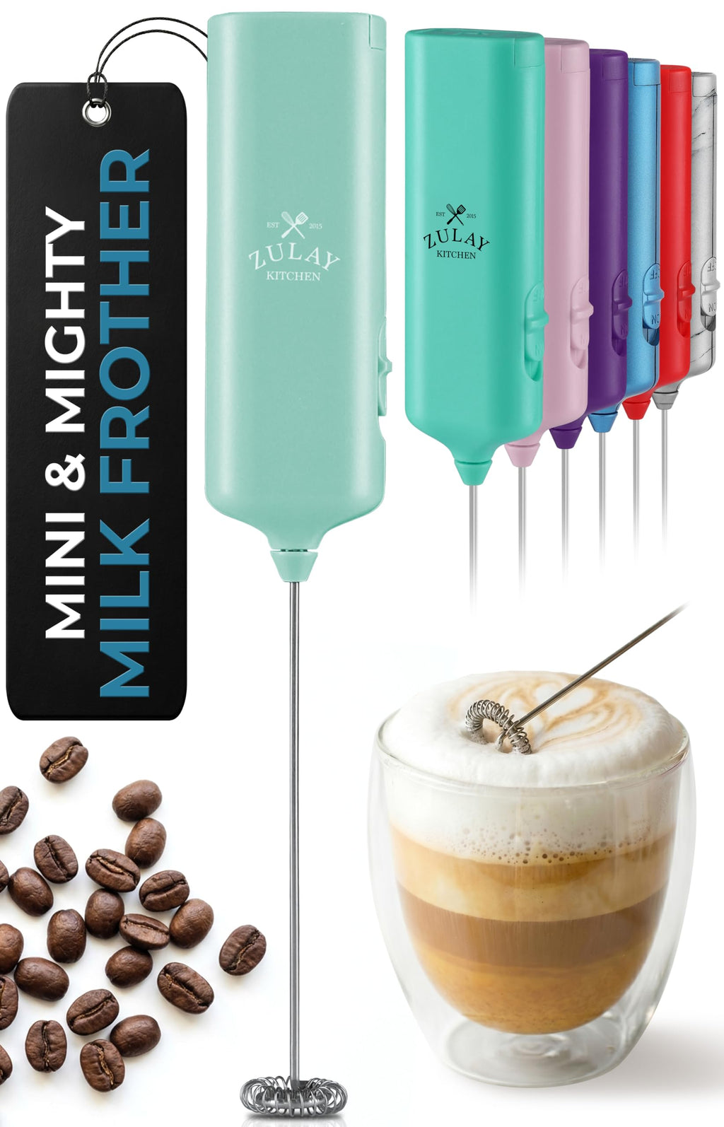 Zulay Powerful Milk Frother for Coffee with Upgraded Titanium Motor - Handheld Electric Whisk, Milk Foamer, Mini Mixer & Coffee Blender for Frappe, Latte, Matcha, No Stand - Pristine Teal