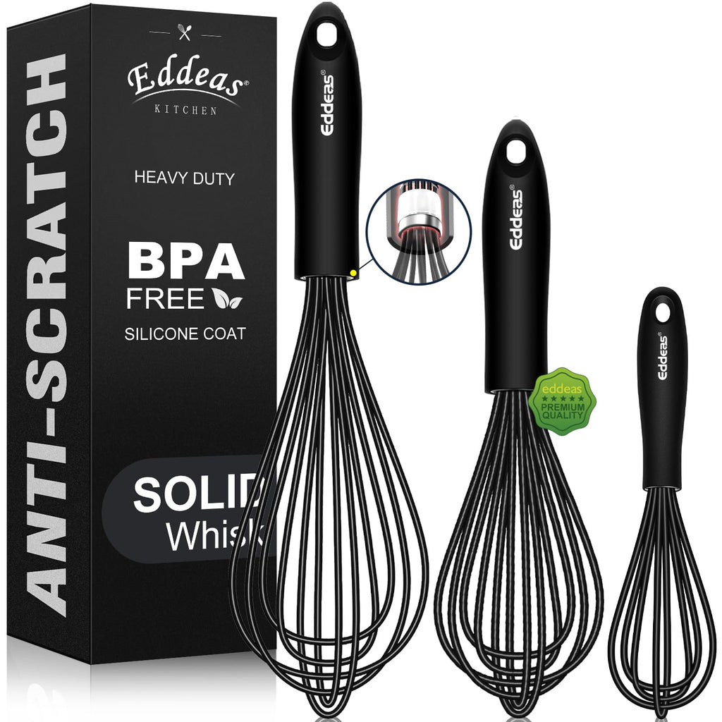 Eddeas Silicone Whisk, 500°F Heat Resistant Non Scratch Coated Whisks for Cooking Baking Balloon whisk, Kitchen Whisk Tool Set, for Stirring, Beating & Blending of 3 Size 7.5"+ 9" +11 inch