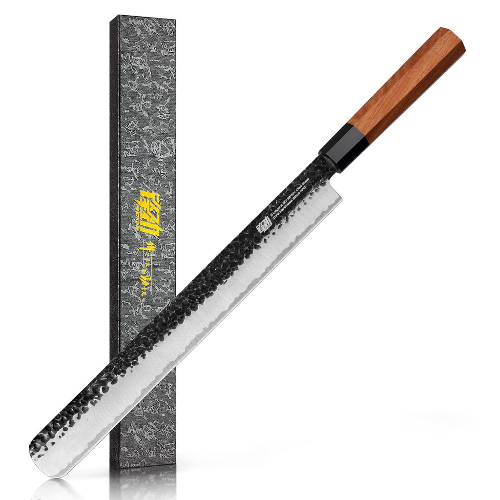 FINDKING Serbian Chef Knife with Leather Sheath, 6.5 Inch High Carbon Steel Cleaver Knife, Hammered Blade, Octagonal Handle, for Meat, Vegetables, Poultry and Light Bones, Dynasty Series