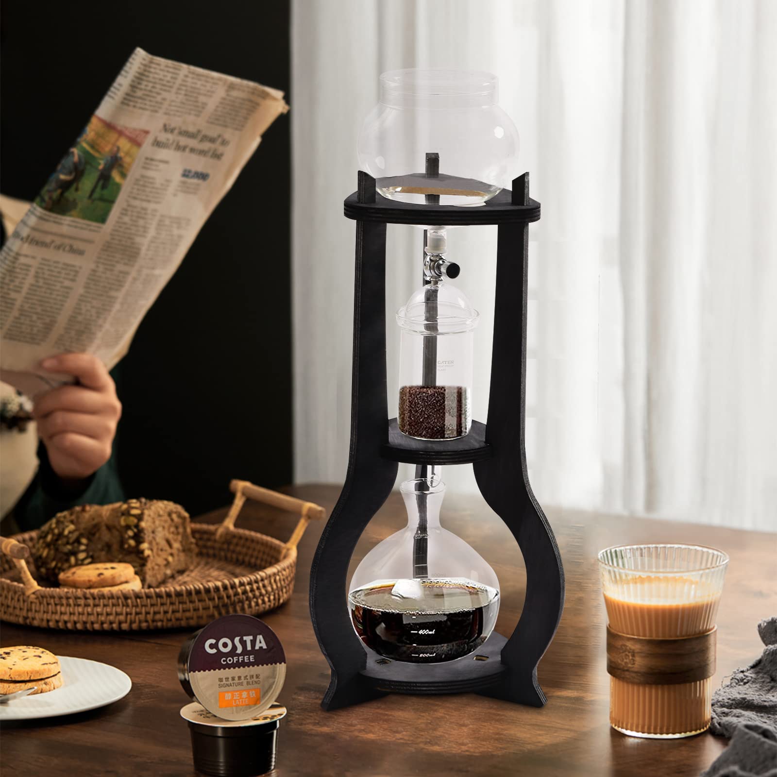 Uphilltool Cold Brew Drip Coffee Maker, 600ml/20.29 Ice Coffee Brewer Machine Cold-Drip Coffee Tower with Glass Container Wood Stand for Home Office
