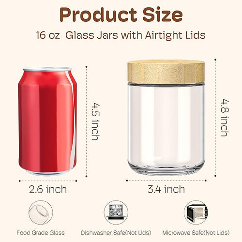 16 oz Overnight Oats Containers with Bamboo Lids, Glass Mason Jars 4 Pack