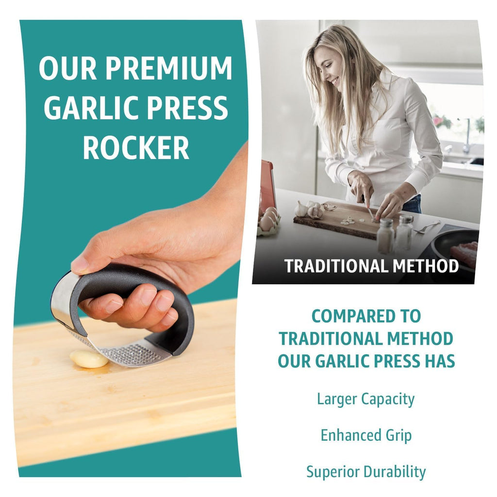 Garlic Press Rocker – Stainless Steel Garlic Mincer, Crusher & Chopper Tool with Peeler, Spatula & Brush – Easy-Press Garlic Press for Mincing Cloves, Ginger & Nuts, Comfortable Ergonomic Handle