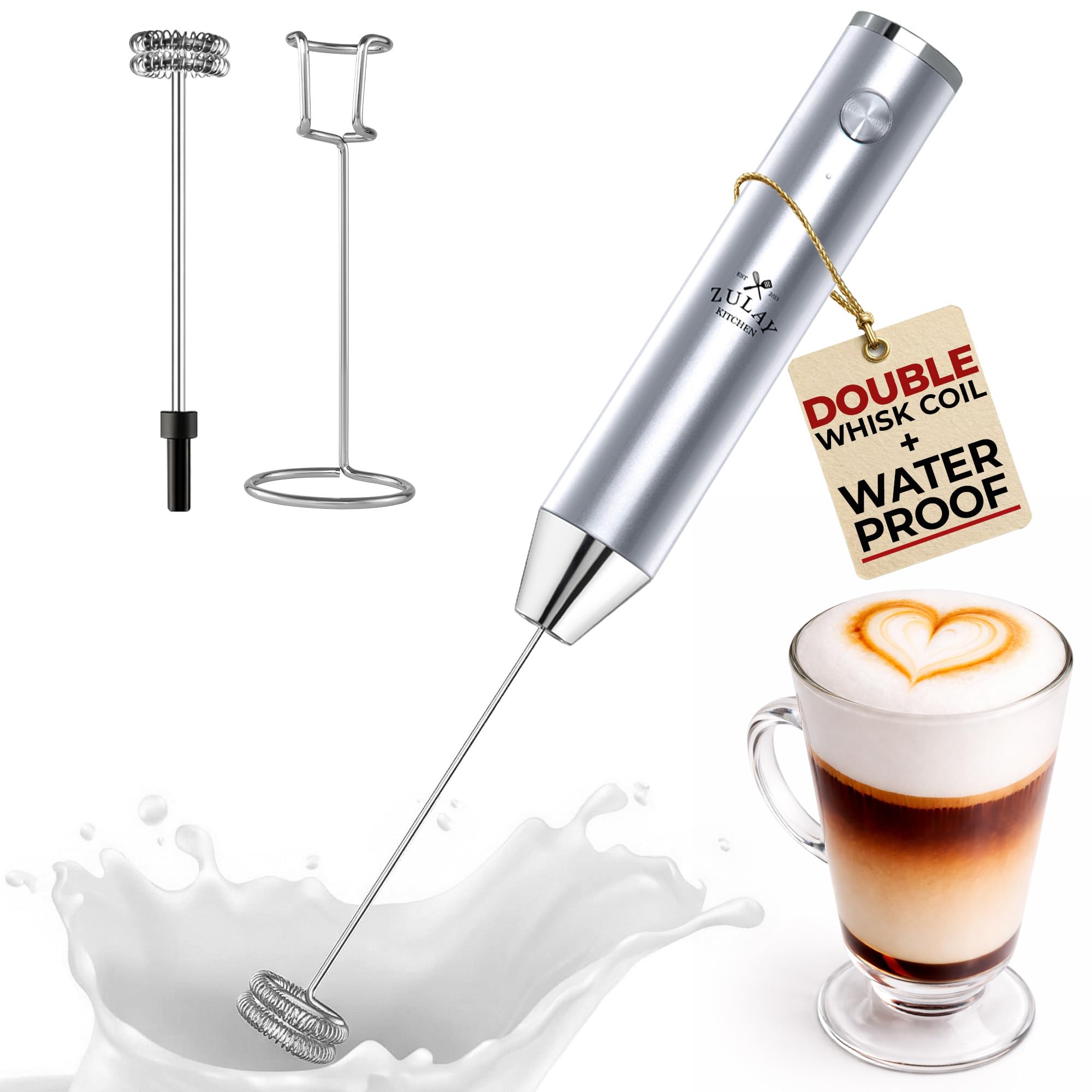 Zulay Kitchen Rechargeable Milk Frother Handheld - Frother Wand, Drink Mixer, Electric Whisk Frother, for Cappuccinos, Matcha & Protein Powder - Lux Double Whisk 2 Speed Waterproof 2000mAh Silver