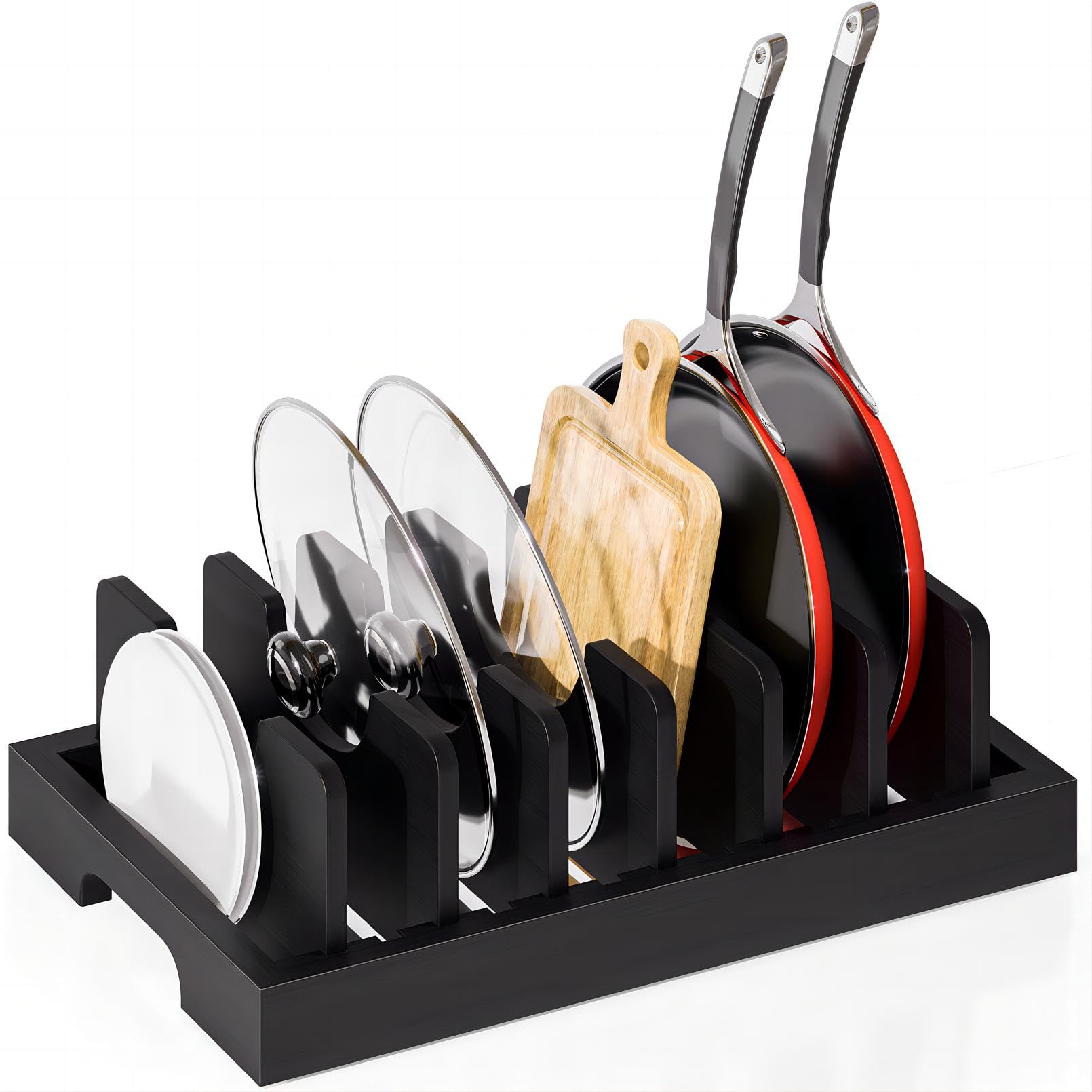 Kiasthome Bamboo Pot and Pan Organizer, Pot Lid Organizer Holder Rack for Countertop Drawer, Kitchen Cabinet Organizer with 7 Adjustable Dividers for Pots, Pans, Baking Sheets, Cutting Boards, Black
