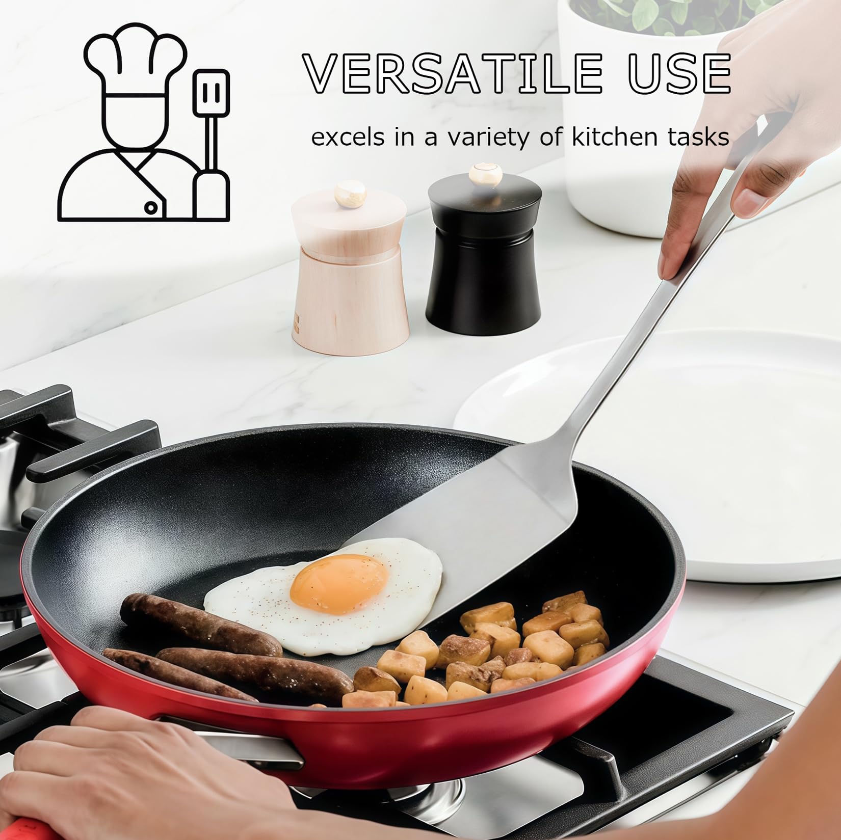 4pcs Cooking Utensils Set - Stainless Steel Kitchen Utensils, Heavy Duty Metal Kitchen Tools with Stainless Steel Spatula Solid & Slotted Turner, Ladle, Skimmer, Dishwasher Safe Easy to Clean