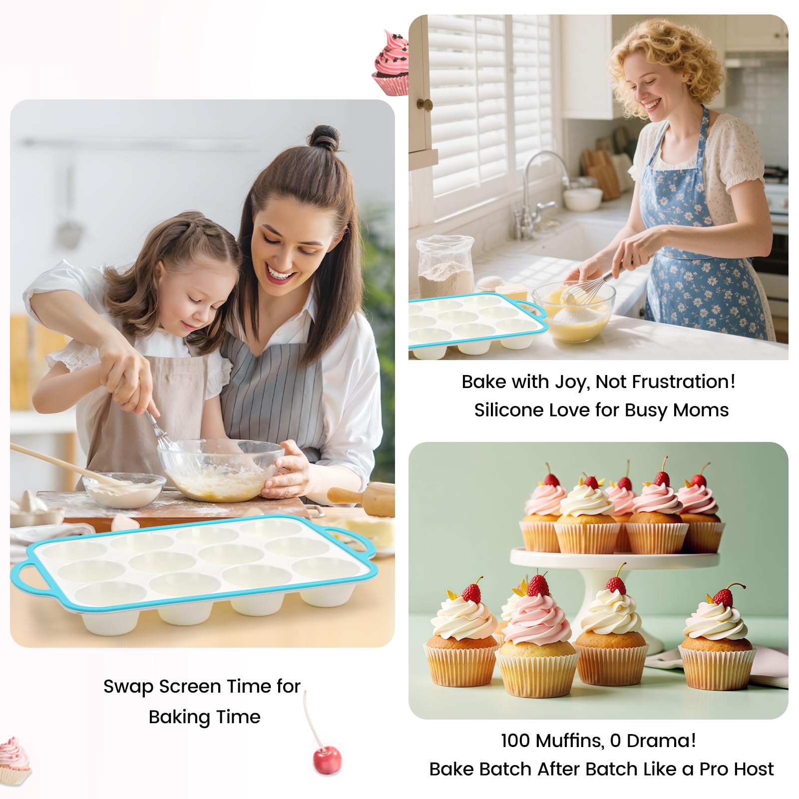 Fimary Silicone Muffin Pans for Baking 2 Pack, 2.6 Inch with Metal Reinforced Frame, Regular Size Nonstick Cupcake Pan 12 Cups for Baking Homemade Muffins, Dishwasher Safe BPA Free-Blue