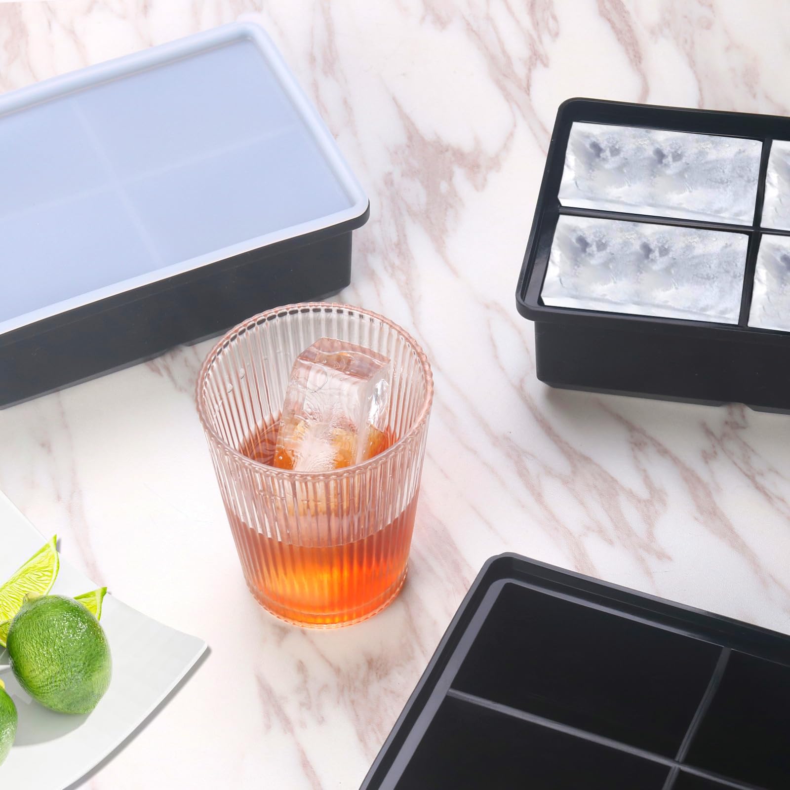 Large Ice Cube Trays for Whiskey: BECOKIT Big Silicone Ice Cube Trays - 3 * 2Inch Square Ice Cubed Tray for Bourbon Whisky and Cocktail - 4Pack Giant Silicon Ice Cube Tray (Black 4 Tray)