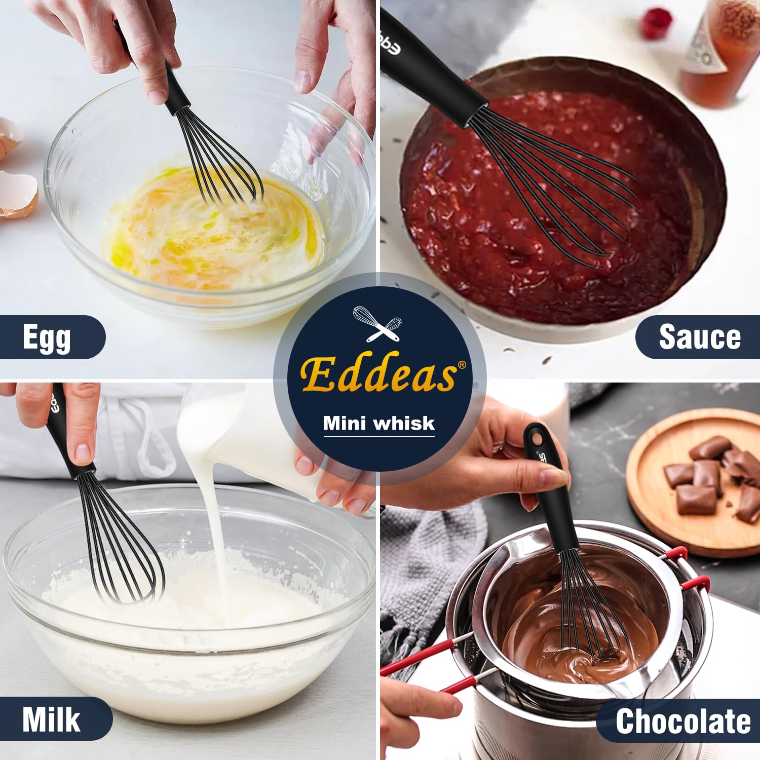 Eddeas Silicone Mini Whisk, Small whisks Non-Stick Tiny Whisks set of 2（5.5in & 7.5in）-Heat Resistant (450°F) Whisks, Balloon Egg Beater Perfect for Whisking, Beating, Mixing, Blending, Black
