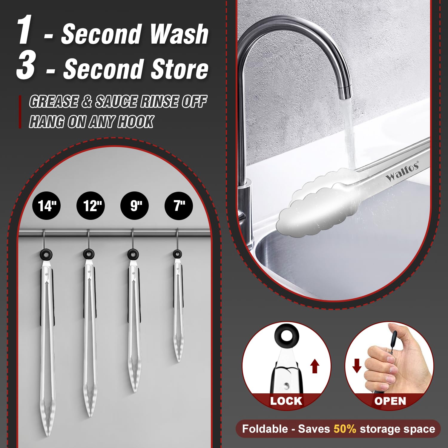 Walfos Stainless Steel Kitchen Tongs for Cooking, BBQ - 7 ，9, 12 and 14 Inch,Set of 4 Heavy Duty Locking Metal Food Tongs Non-Slip Grip