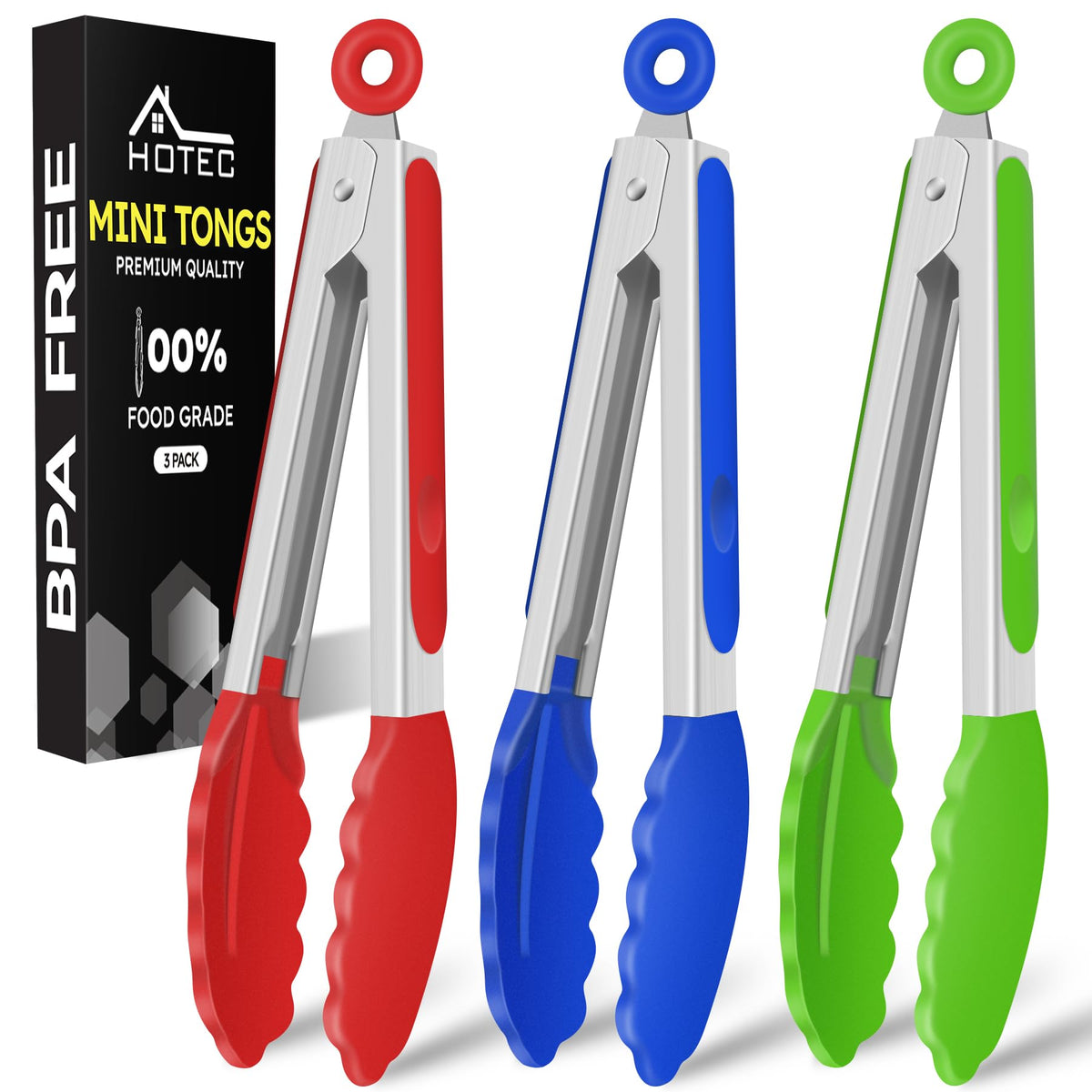 HOTEC Small Silicone Kitchen Tongs 7-Inch Mini Serving Tongs, Set of 3