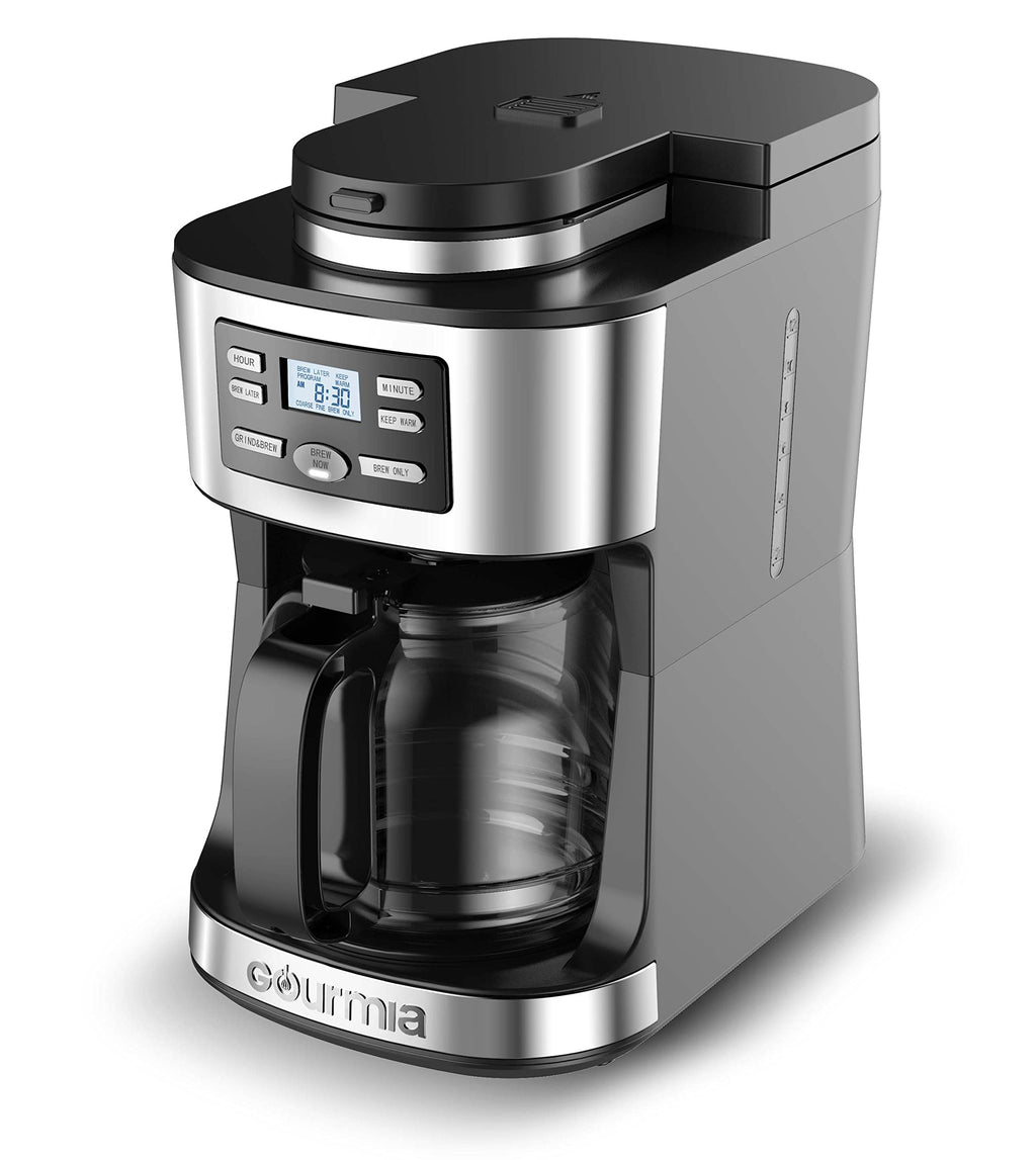 Gourmia Digital Coffee Machine 12Cup FullyAutomatic Large coffee maker integrated CoffeeGrinder,Pot,stainless steel mesh coffee filter 4Hr KeepWarm and Freshness Indicator GCM3180,Black and Silver