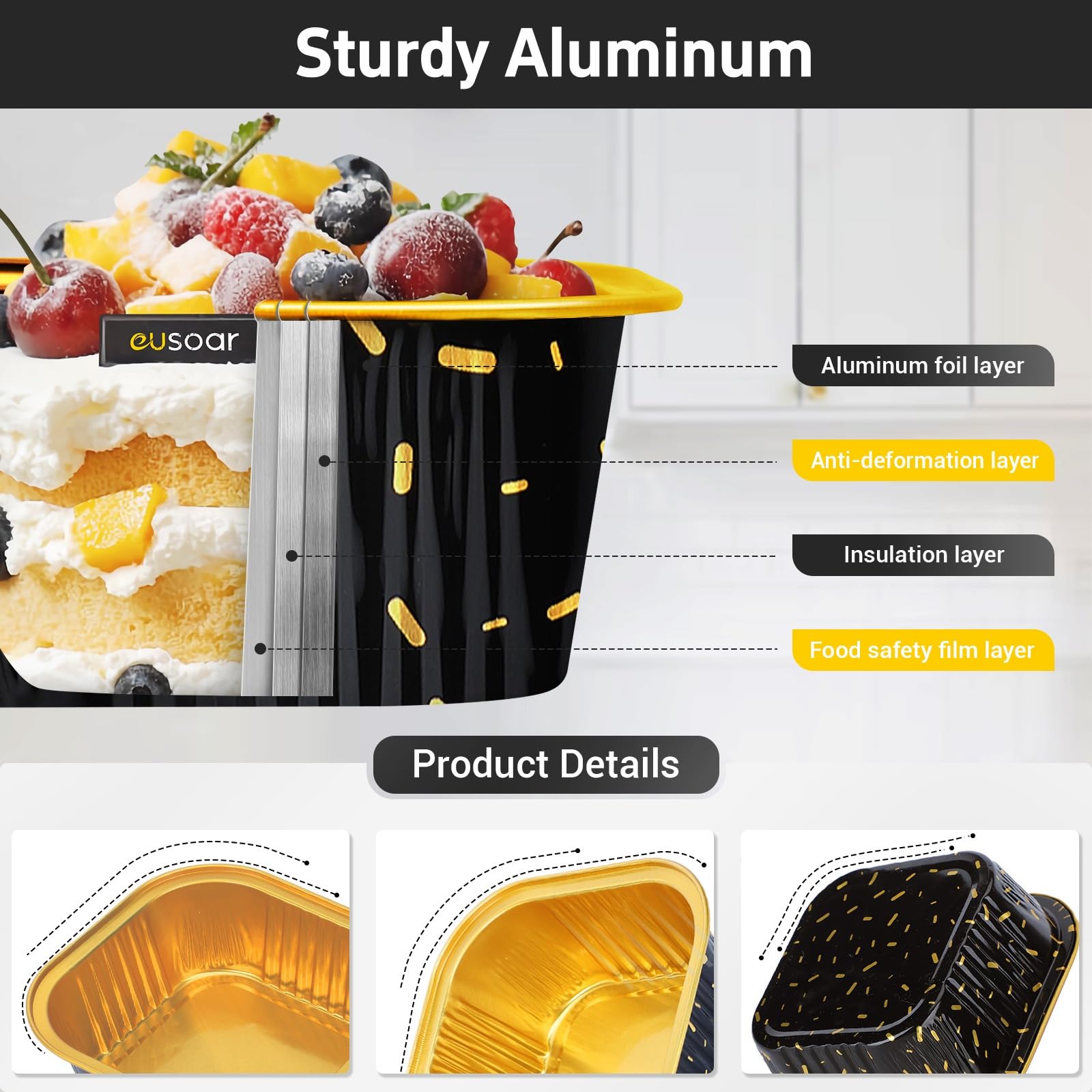 EUSOAR Baking Pans with Lids, 100pcs 10oz/300ml Aluminum Foil Ramekins Disposable Containers, Square Creme Brulee Cups Cupcake Liners Muffin Cup Mini Cake Loaf Bread Holders for Birthday Wedding