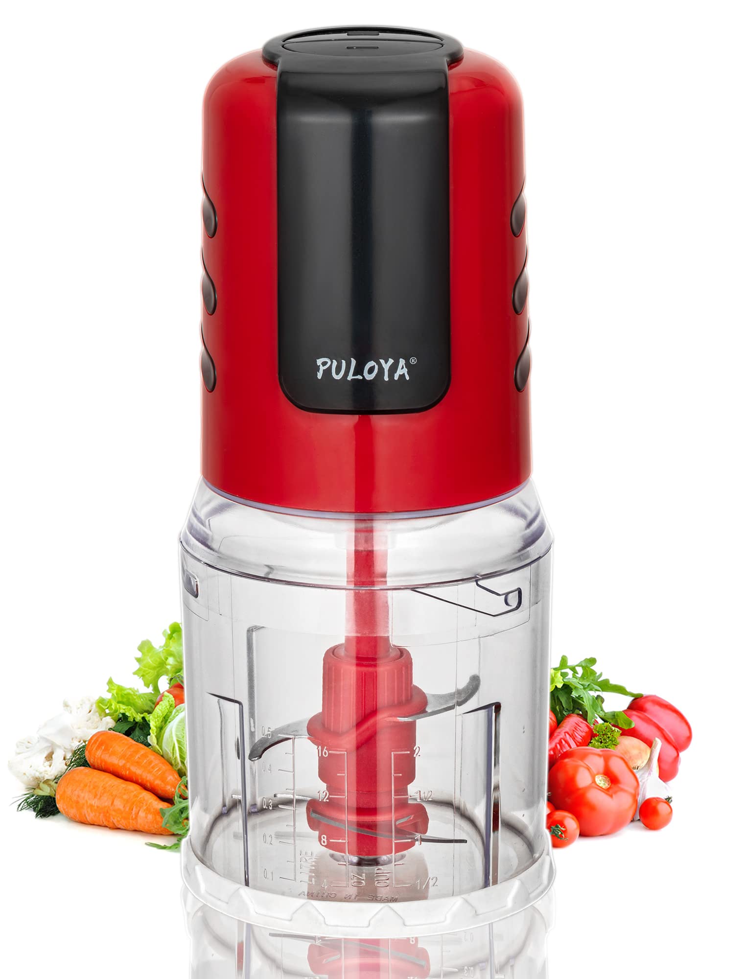 PULOYA Mini Prep Food Processor 2 Cup Small Electric Food Chopper 2 Speed for Vegetables, Meat, Fruits and Nuts with 4 Stainless Steel Blades, 400-Watt, Red