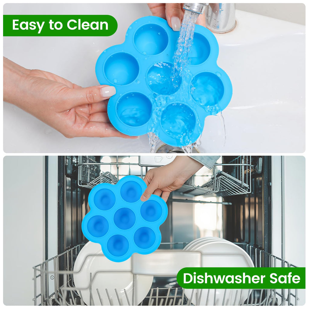 GOKCEN's Silicone Egg Bite Molds [2 Pack] Total 14 Cups Silicone Muffin Pans for Baking - Food Freezer Tray with Lid - Reusable Storage Container (Blue & Green - Egg Bite Mold)