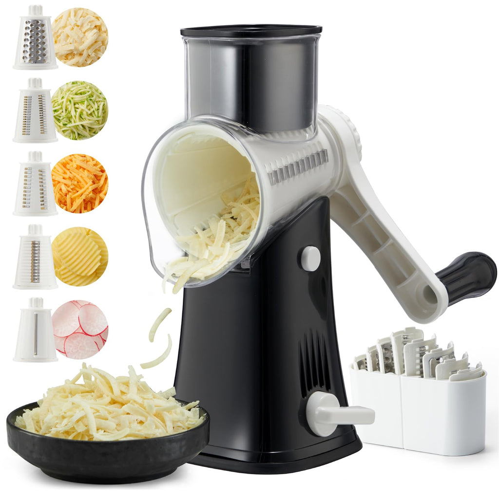 ALEXPHY Rotary Cheese Grater Hand Crank, 5 blades Cheese shredder, Stronger Suction, Easy to Clean for Fruit, Vegetables, Nuts, White