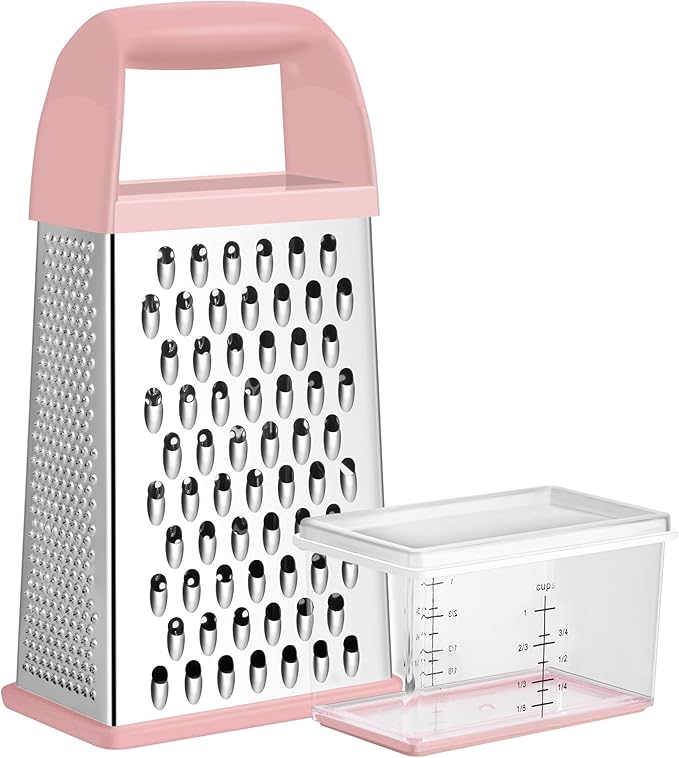 Urbanstrive Cheese Grater With Container, Professional Cheese Grater with Handle, Stainless Steel Graters for Kitchen Handheld, Box Grater with 4 Sides for Vegetables, Ginger, Potatoes (Pink)