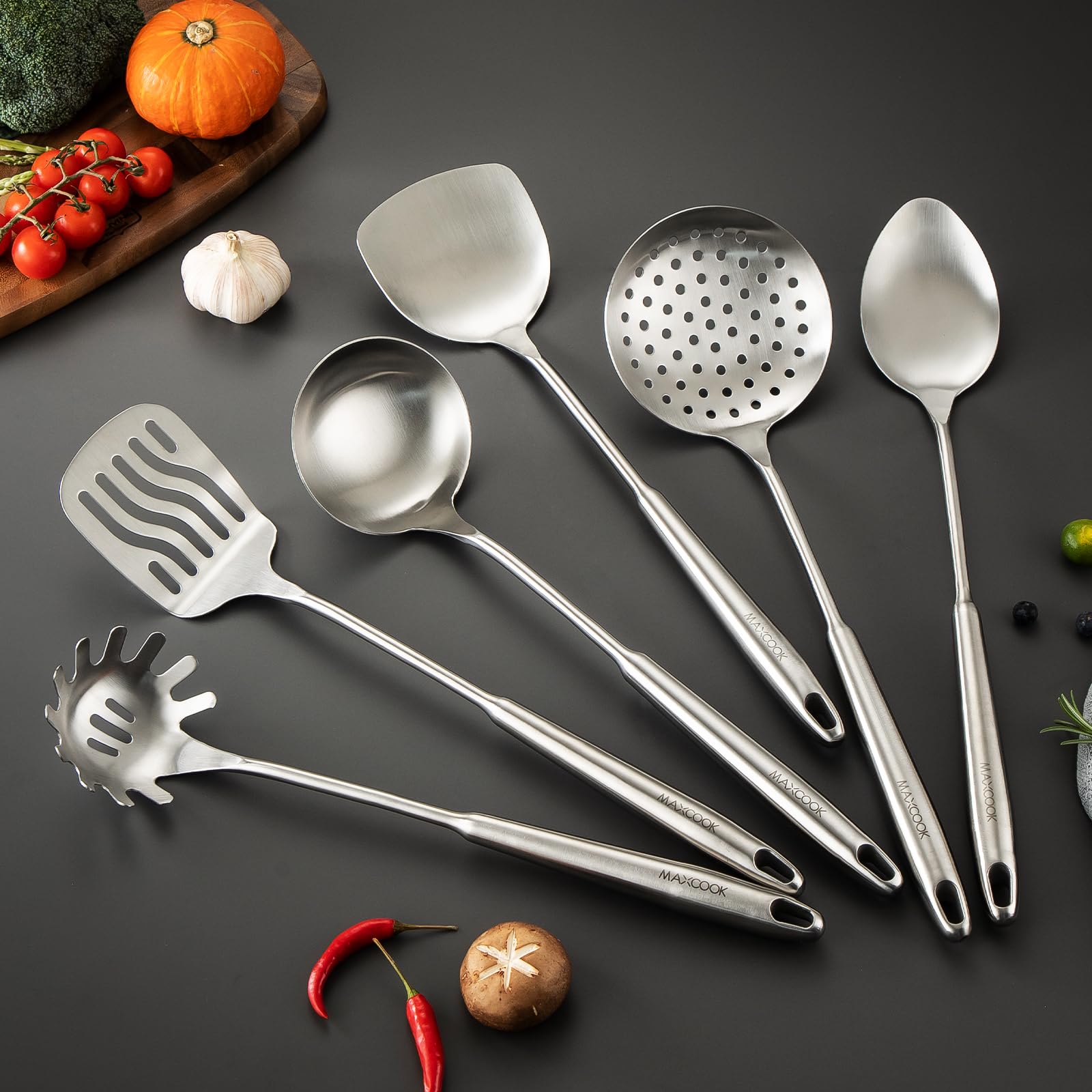 MAXCOOK Stainless Steel Cooking Utensils set, 18/8 Stainless Steel Kitchen Utensils set, 7 Pieces Cookware Set with Rotating Holder, Heat Resistant Stainless Steel Cooking Spoon(Dishwasher Safe)