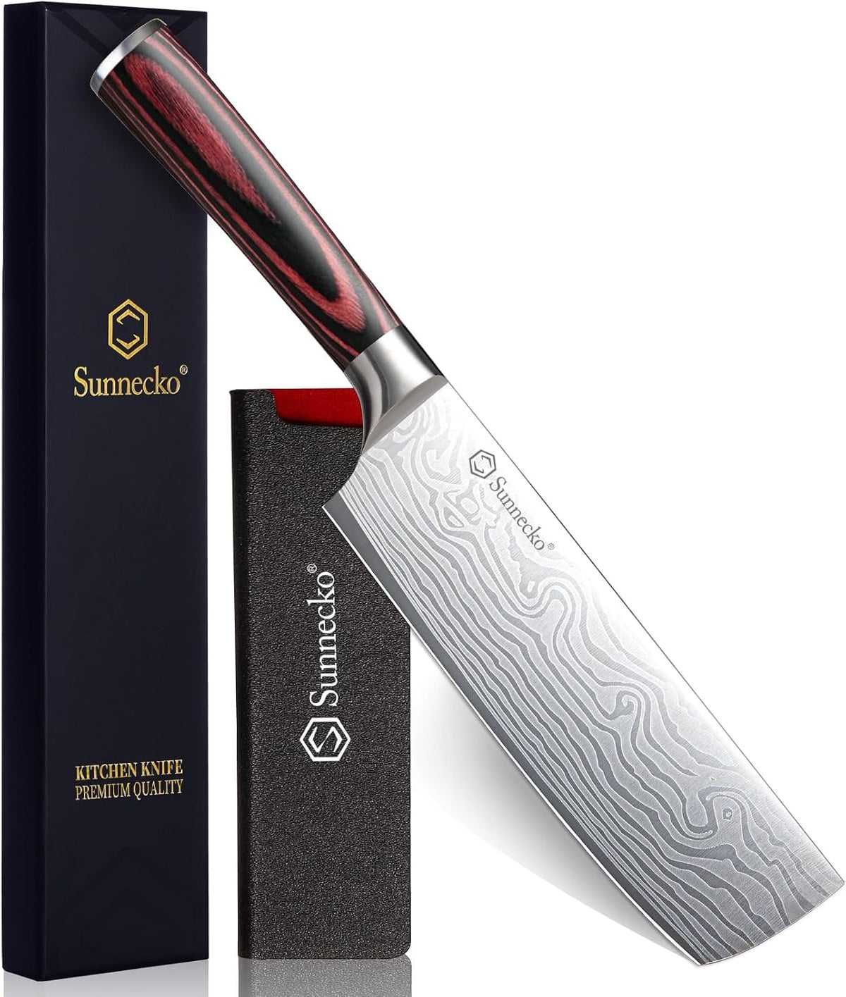 Sunnecko Nakiri Knife - 11.5" Kitchen Knife for Meat Cleaver and Vegetable Chopping, 12° Edge Razor Sharp High Carbon Stainless Steel Asian Chef Knife with Sheath, Kitchen Gift for Home Cooks Men